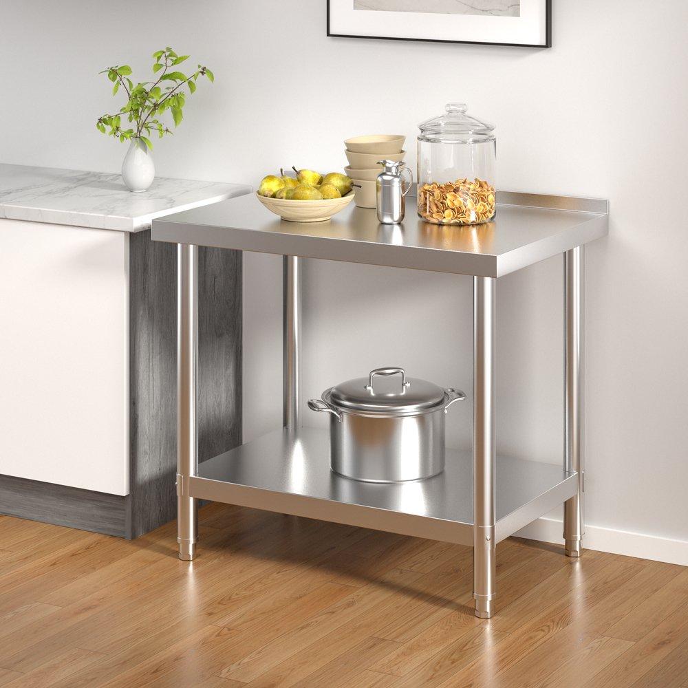 Silver - Breeins - 90cm 2 Tier Stainless Steel Table with Backsplash - 2