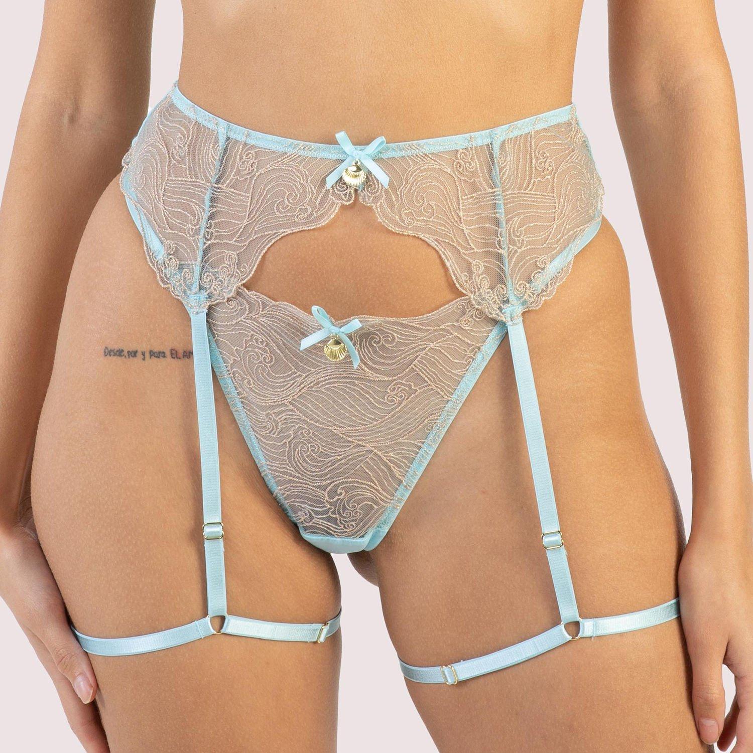 Blue - Playful Promises - Ayaka Blue Wave Embroidery Suspender Belt With Leg - 1