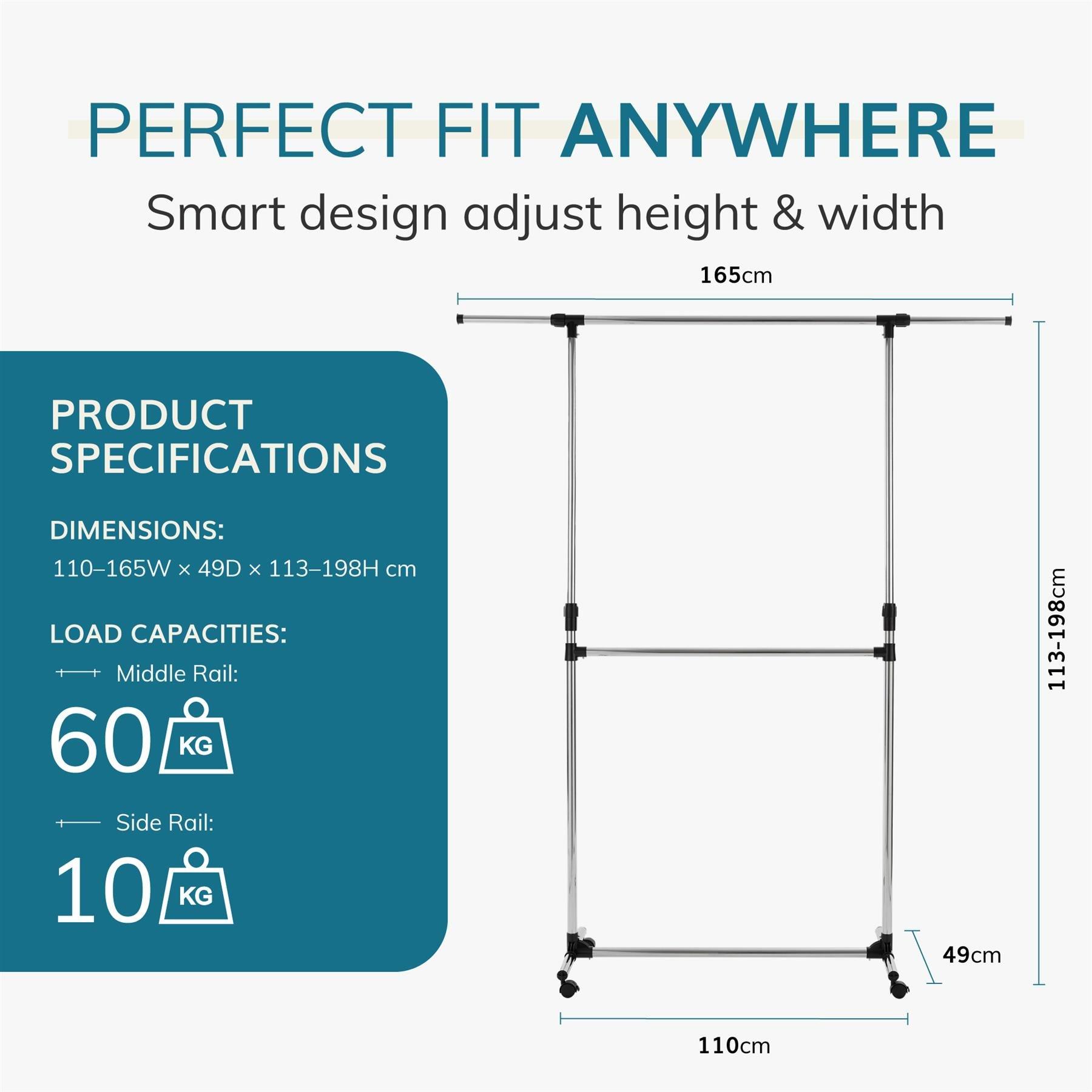 Chrome - House of Home - Double Clothes Rail Extended Top Rail Adjustable Height Chrome - 2