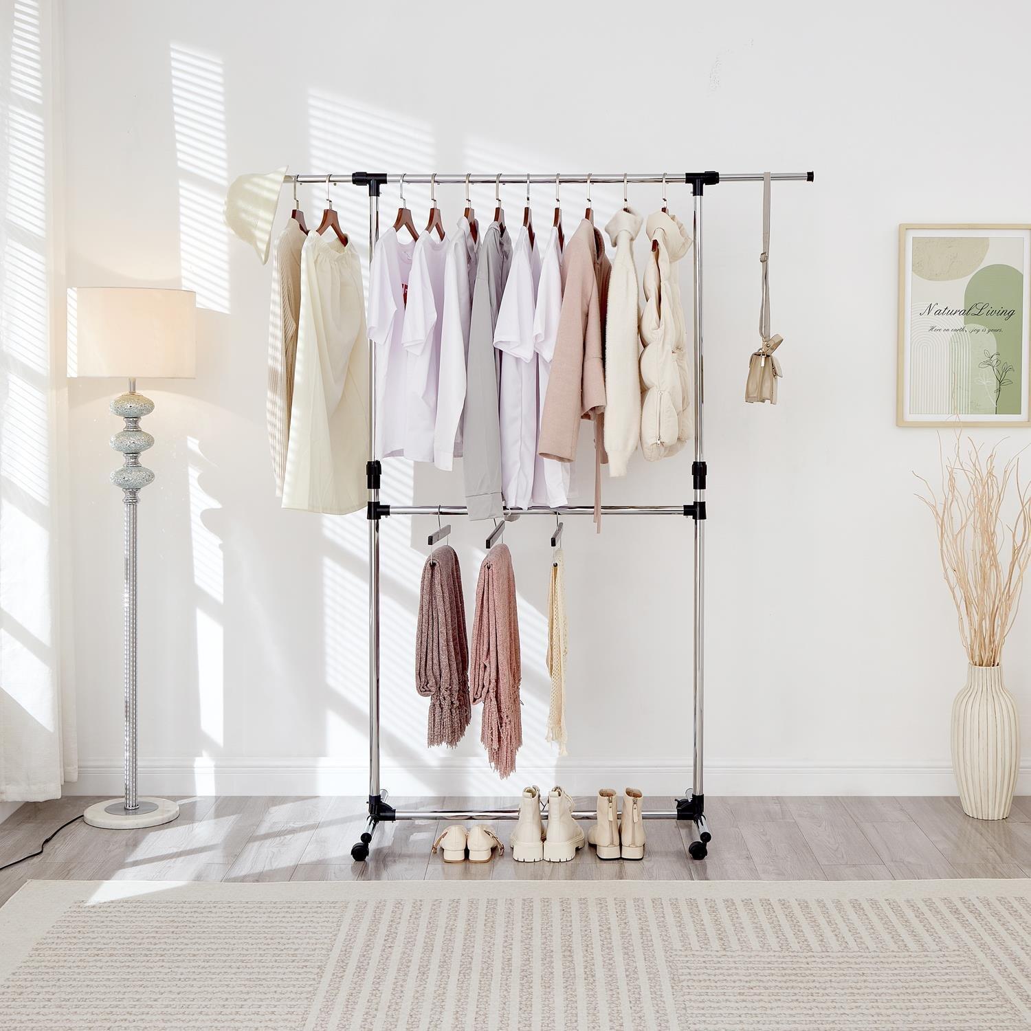 Chrome - House of Home - Double Clothes Rail Extended Top Rail Adjustable Height Chrome - 3