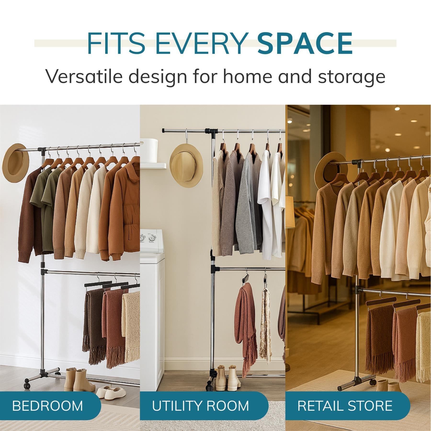 Chrome - House of Home - Double Clothes Rail Extended Top Rail Adjustable Height Chrome - 6