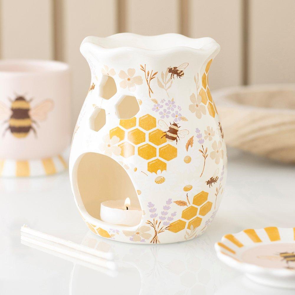 White - Something Different - Honey Bee Print Fluted Oil Burner and Wax Warmer - 1