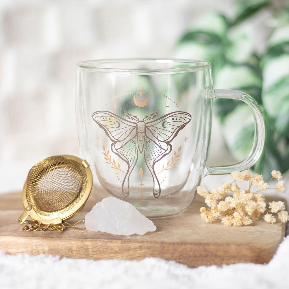 Something Different  Luna Moth Double Walled Glass Mug With Strainer - 