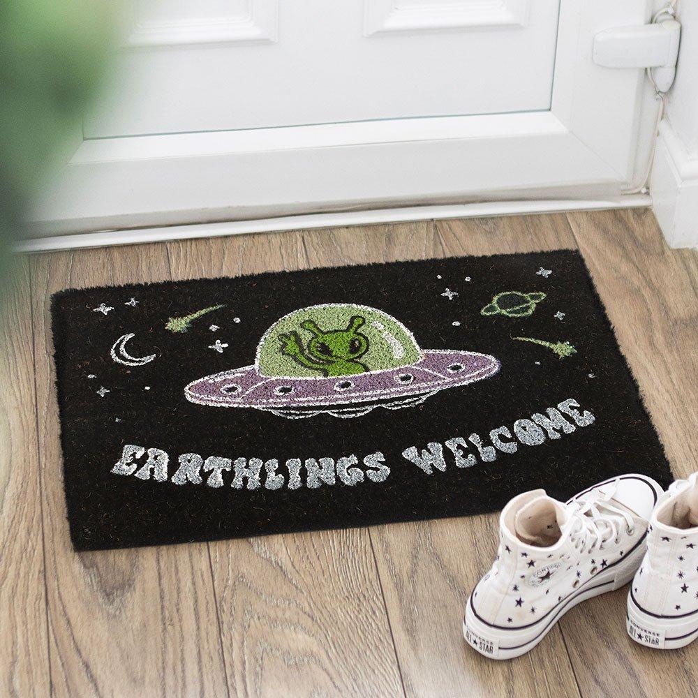 Black - Something Different - Black Earthlings Welcome Alien UFO Doormat - 1
