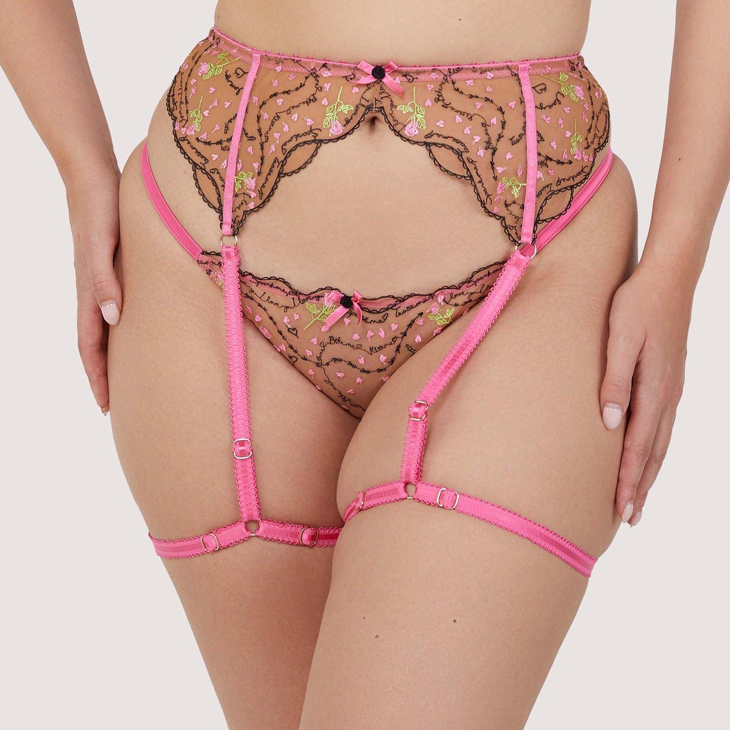 Pink - Playful Promises - Spank Me Pink & Nude Custom Embroidery Suspender B - 1