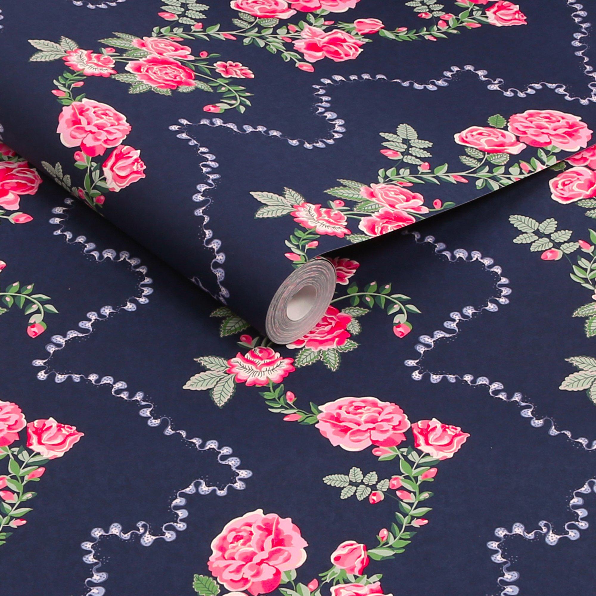 Navy - Cath Kidston - Cath Kidston Rose Flutter Navy Wallpaper - 3
