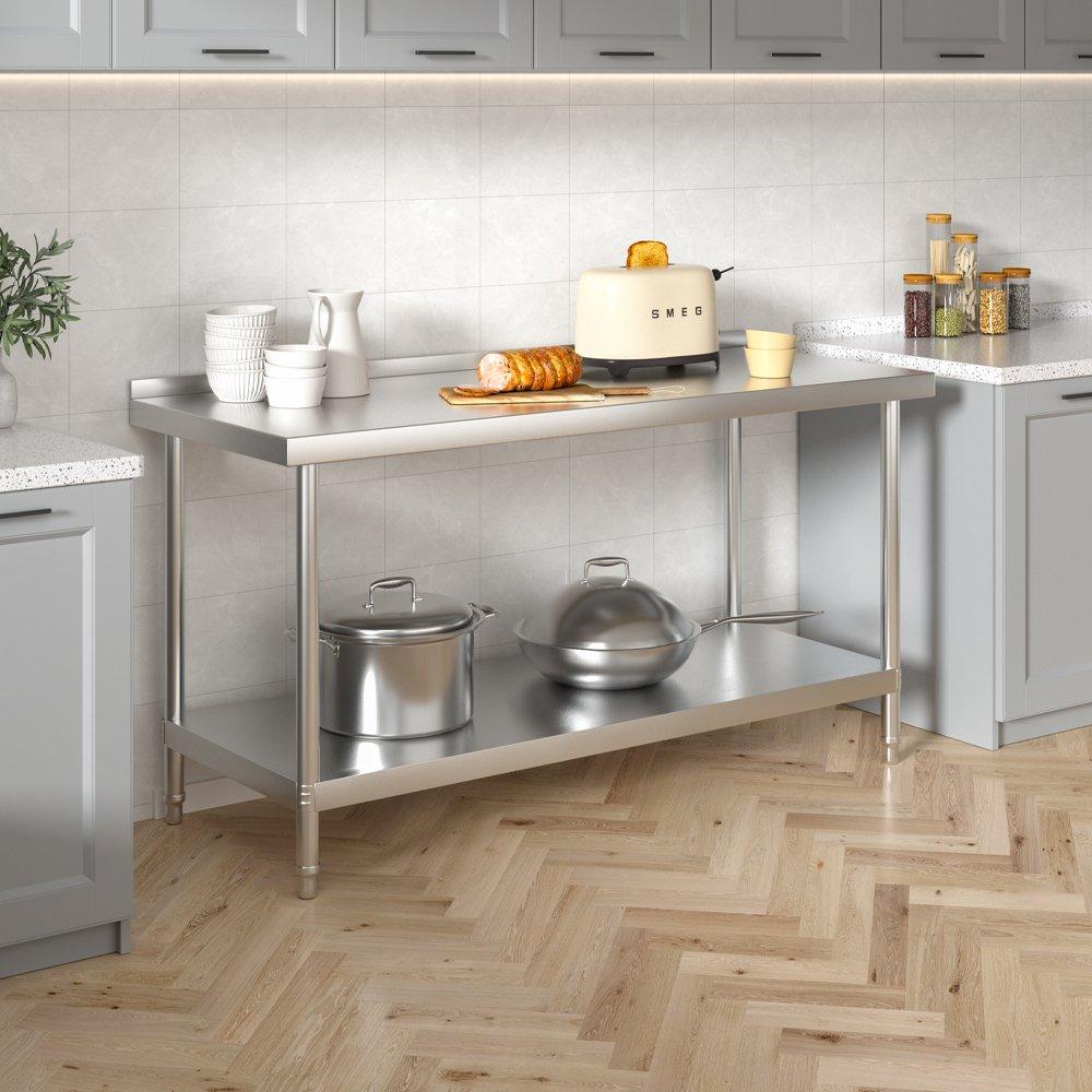 Silver - Breeins - 1.5m 2 Tier Stainless Steel Table with Backsplash - 1