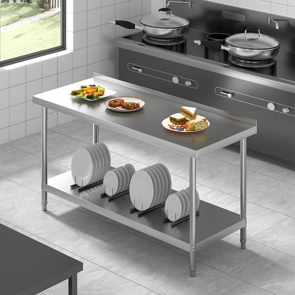 Silver - Breeins - 1.5m 2 Tier Stainless Steel Table with Backsplash - 3