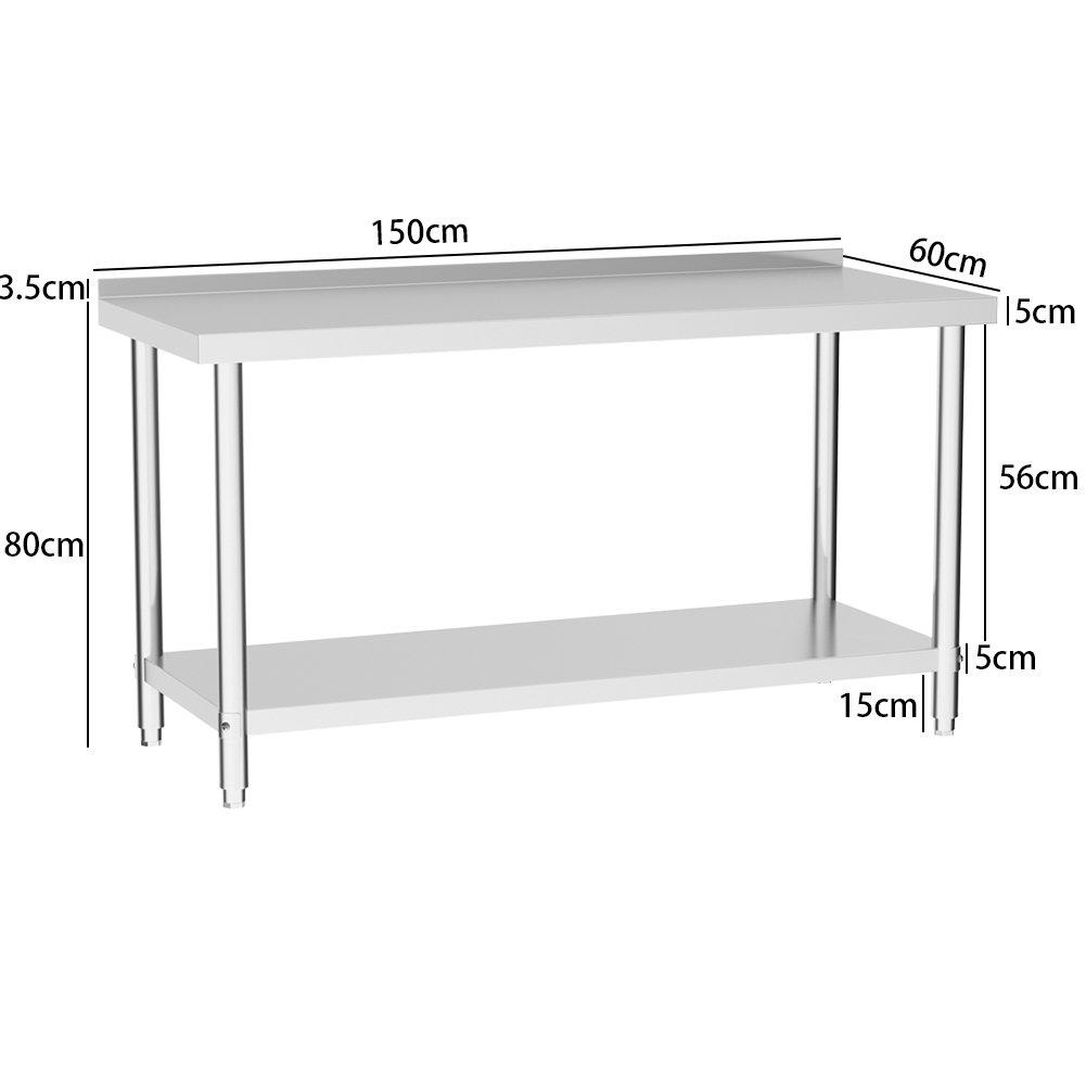 Silver - Breeins - 1.5m 2 Tier Stainless Steel Table with Backsplash - 6