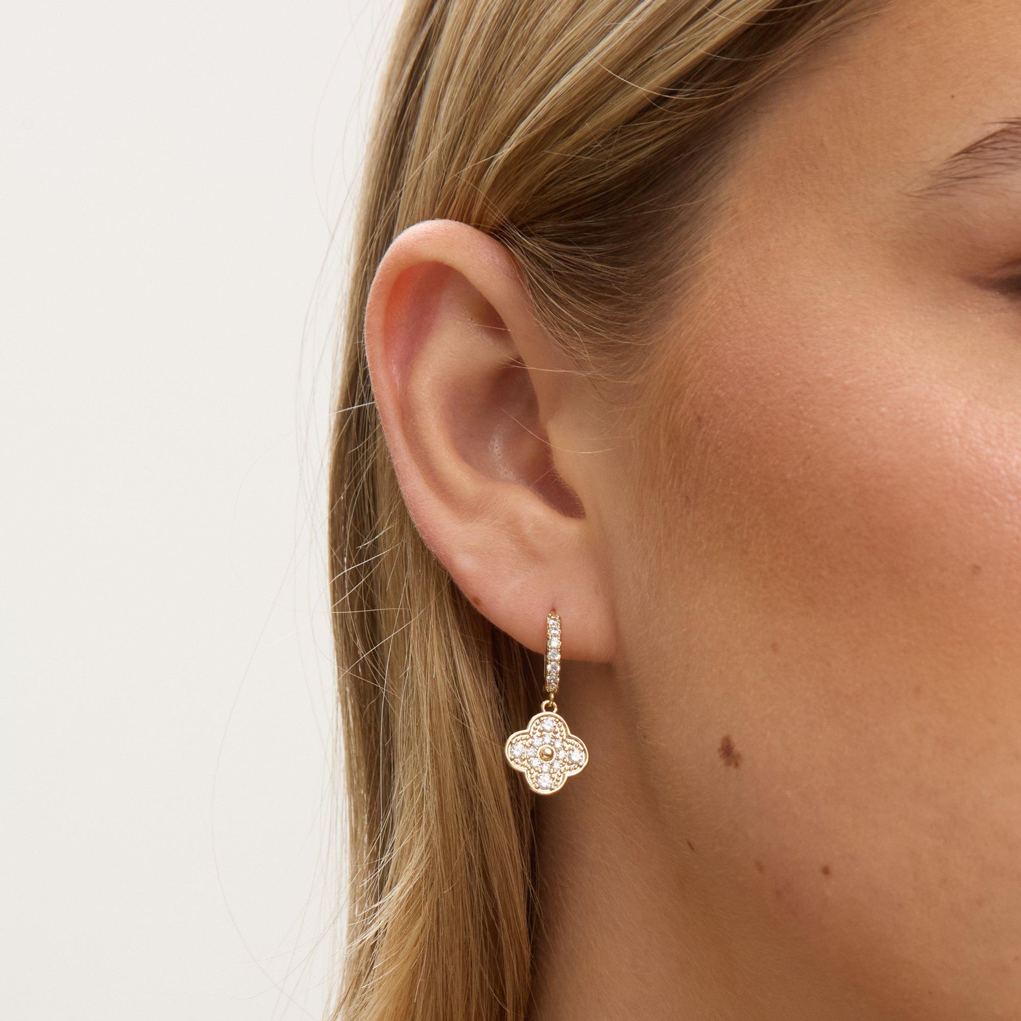 Gold - Jon Richard - Jon Richard Gold Plated Pave Clover Earrings - 2