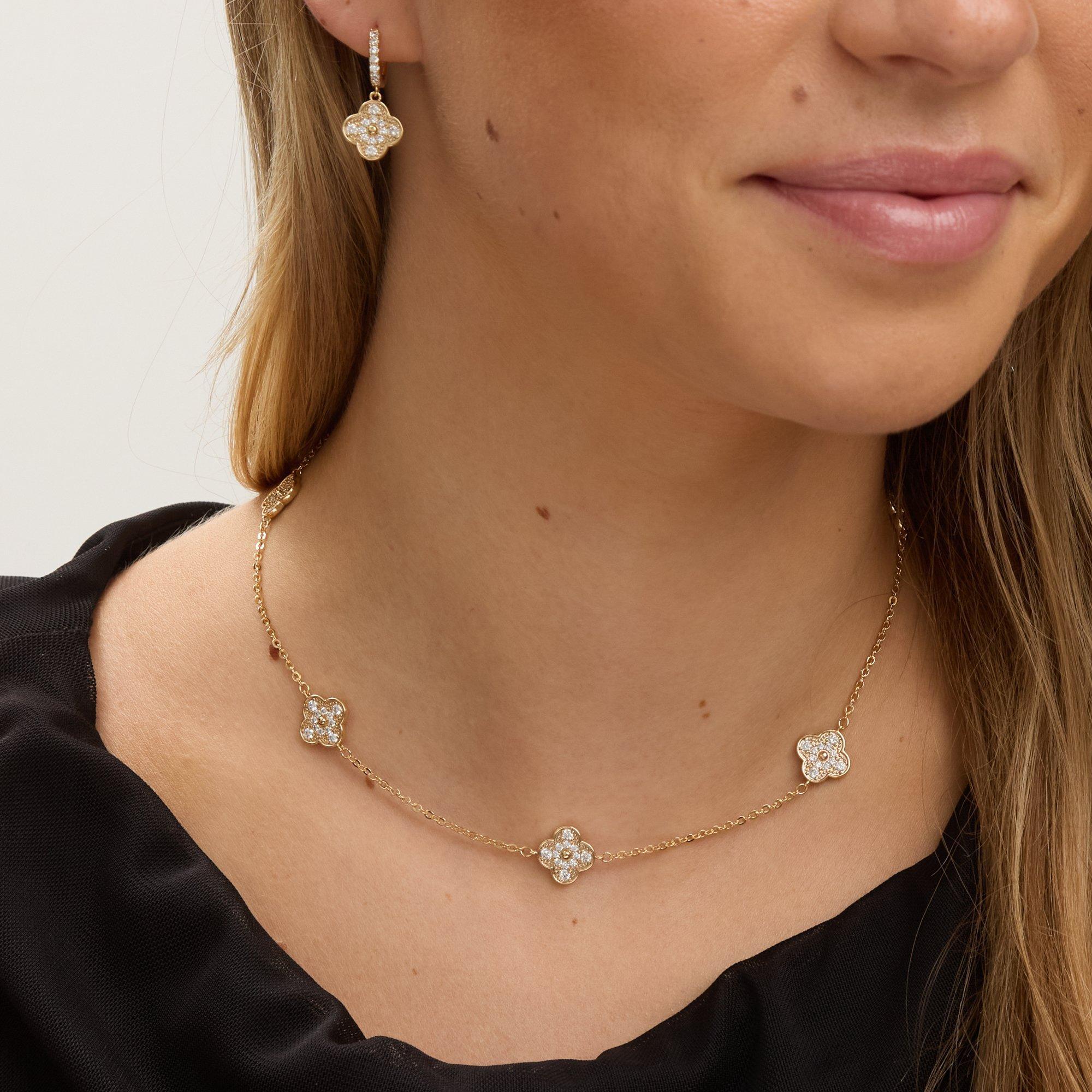 Gold - Jon Richard - Jon Richard Gold Plated Pave Clover Earrings - 4