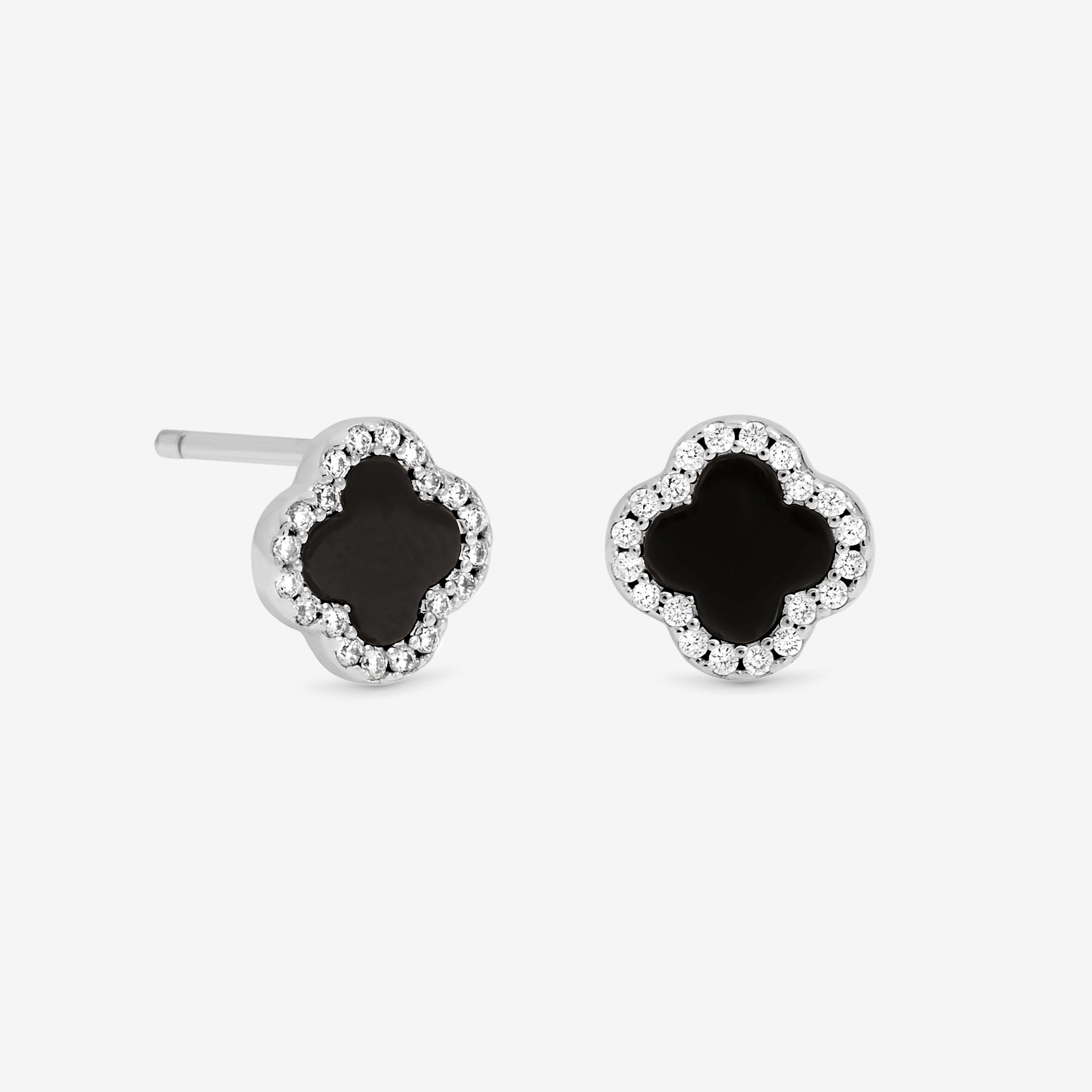 Silver - Simply Silver - Sterling Silver 925 Pave and Jet Clover Studs - 1