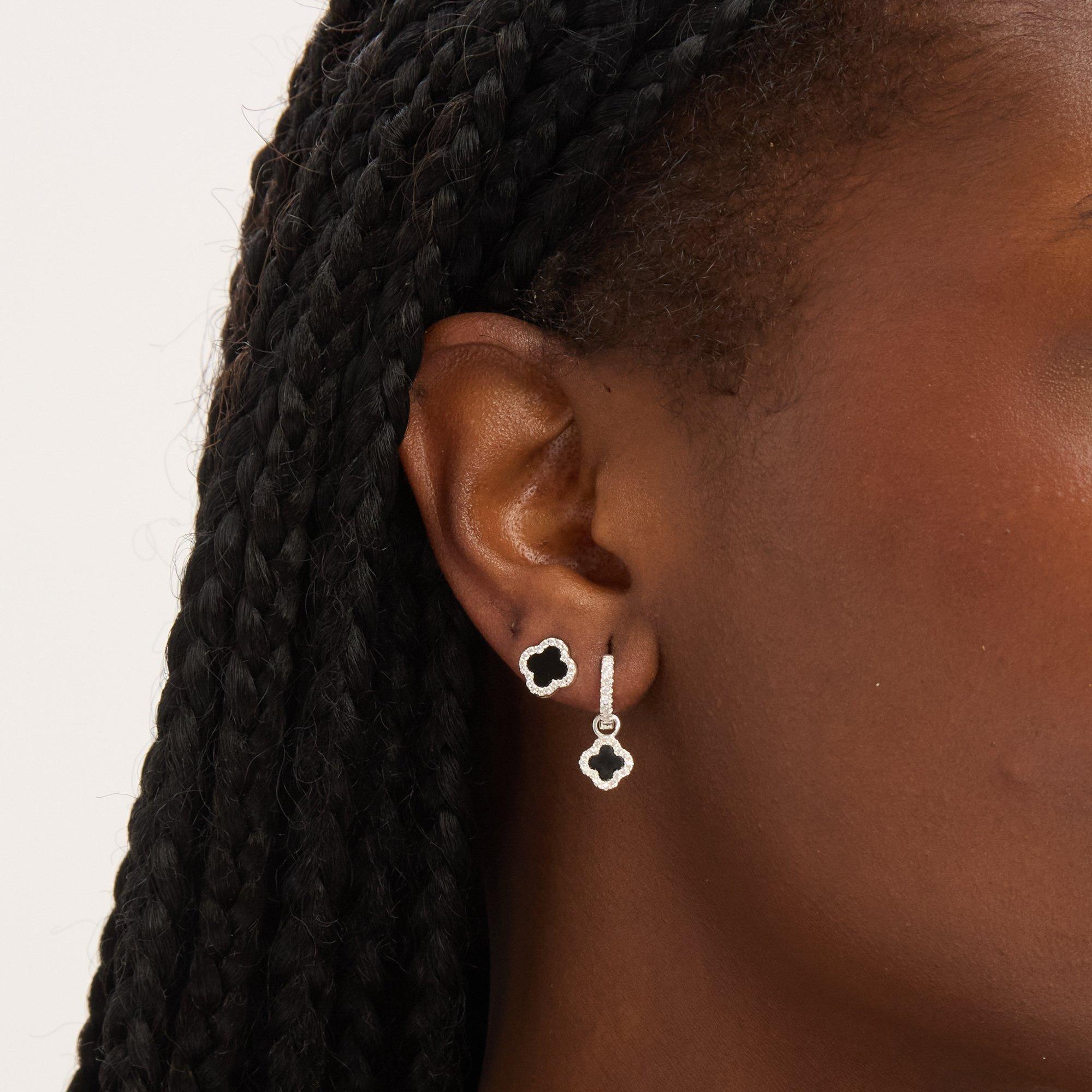 Silver - Simply Silver - Sterling Silver 925 Pave and Jet Clover Studs - 2