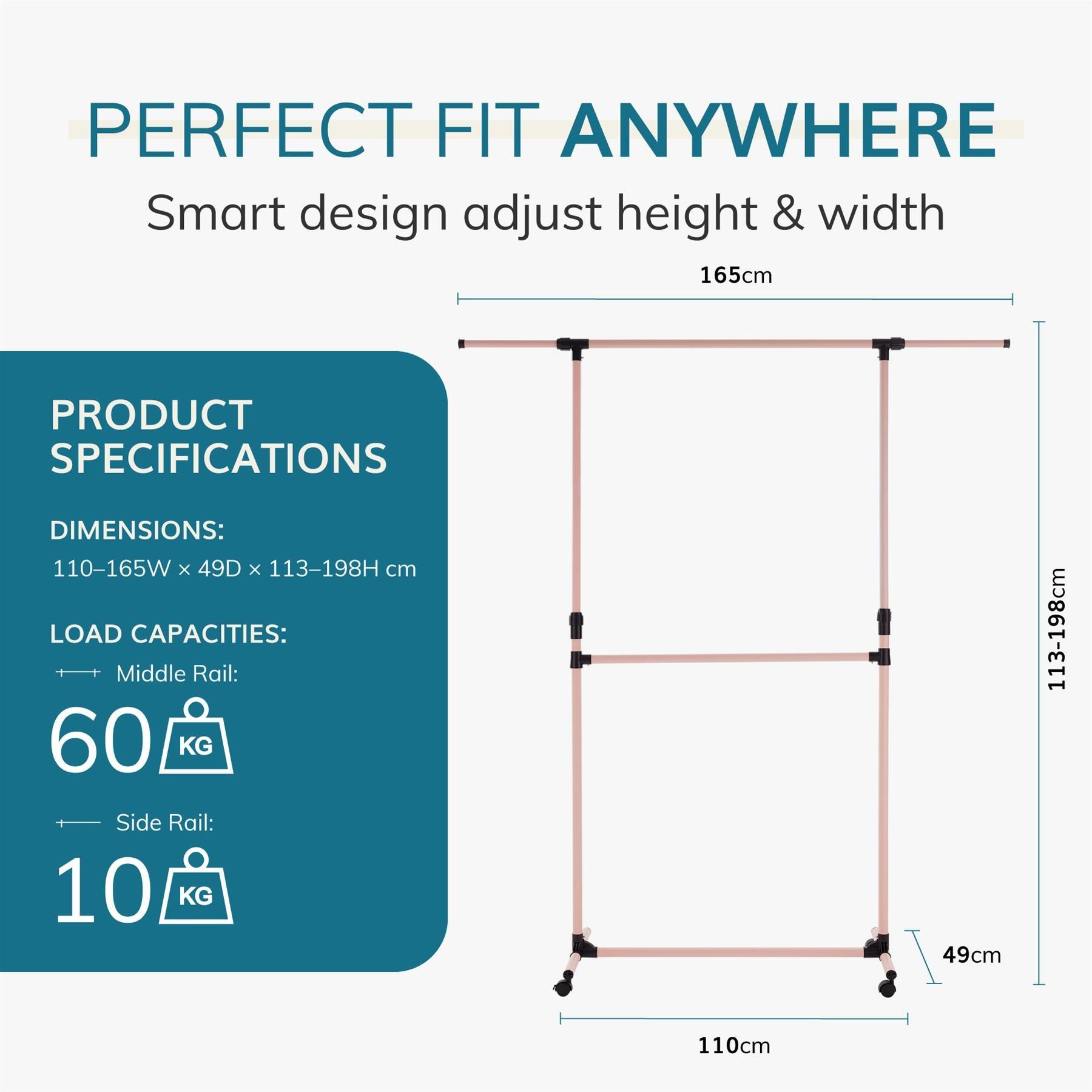 Pink - House of Home - Double Clothes Rail Extended Top Rail Adjustable Height Pink - 2