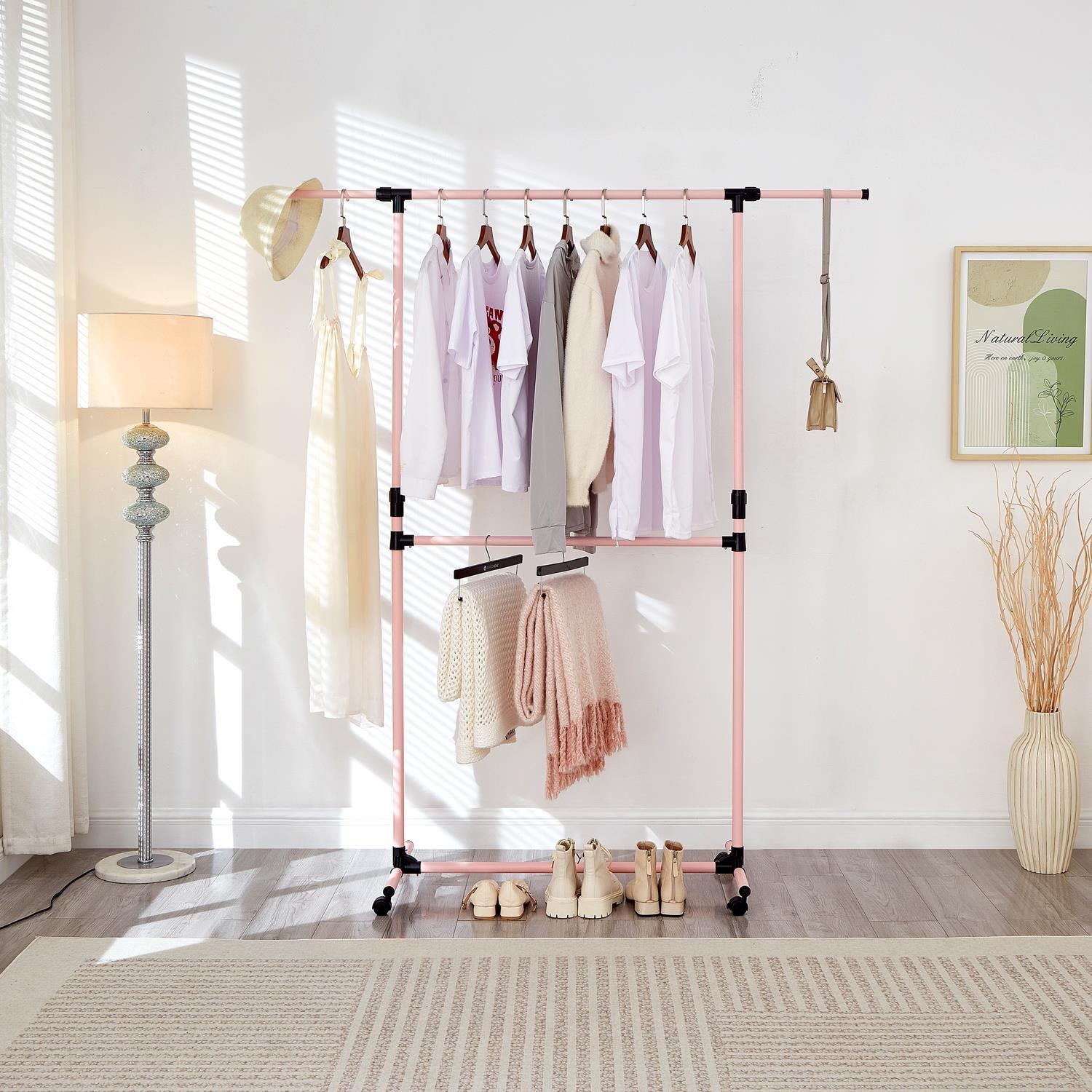 Pink - House of Home - Double Clothes Rail Extended Top Rail Adjustable Height Pink - 3