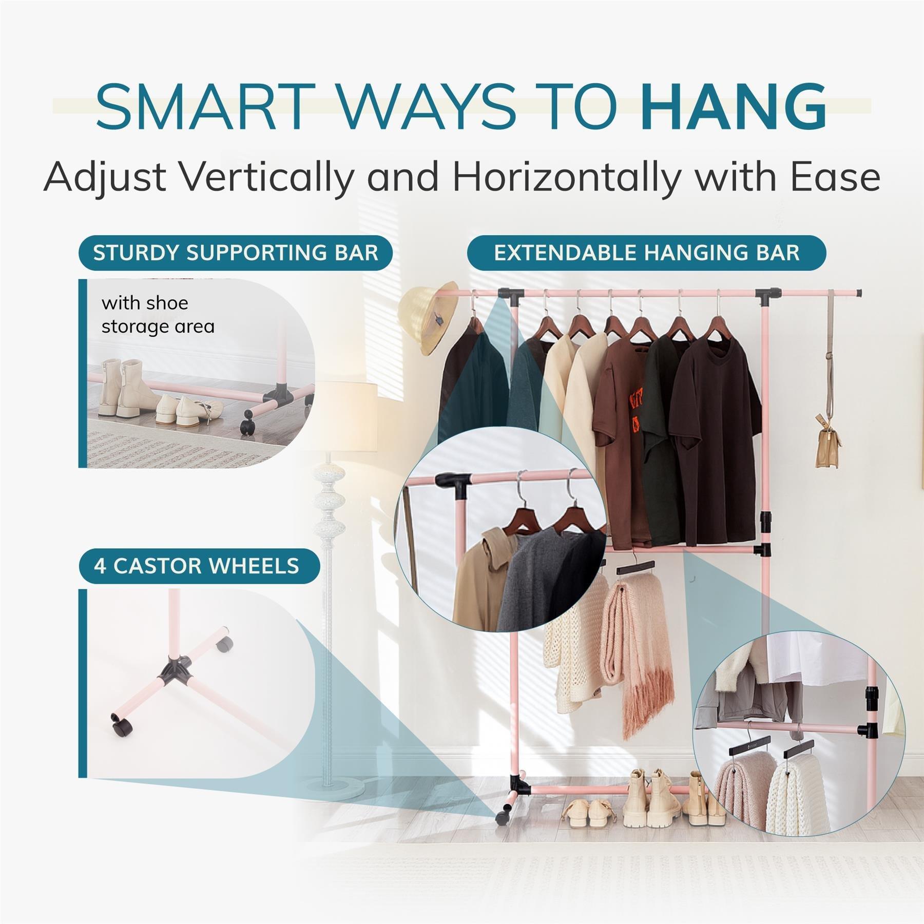 Pink - House of Home - Double Clothes Rail Extended Top Rail Adjustable Height Pink - 4