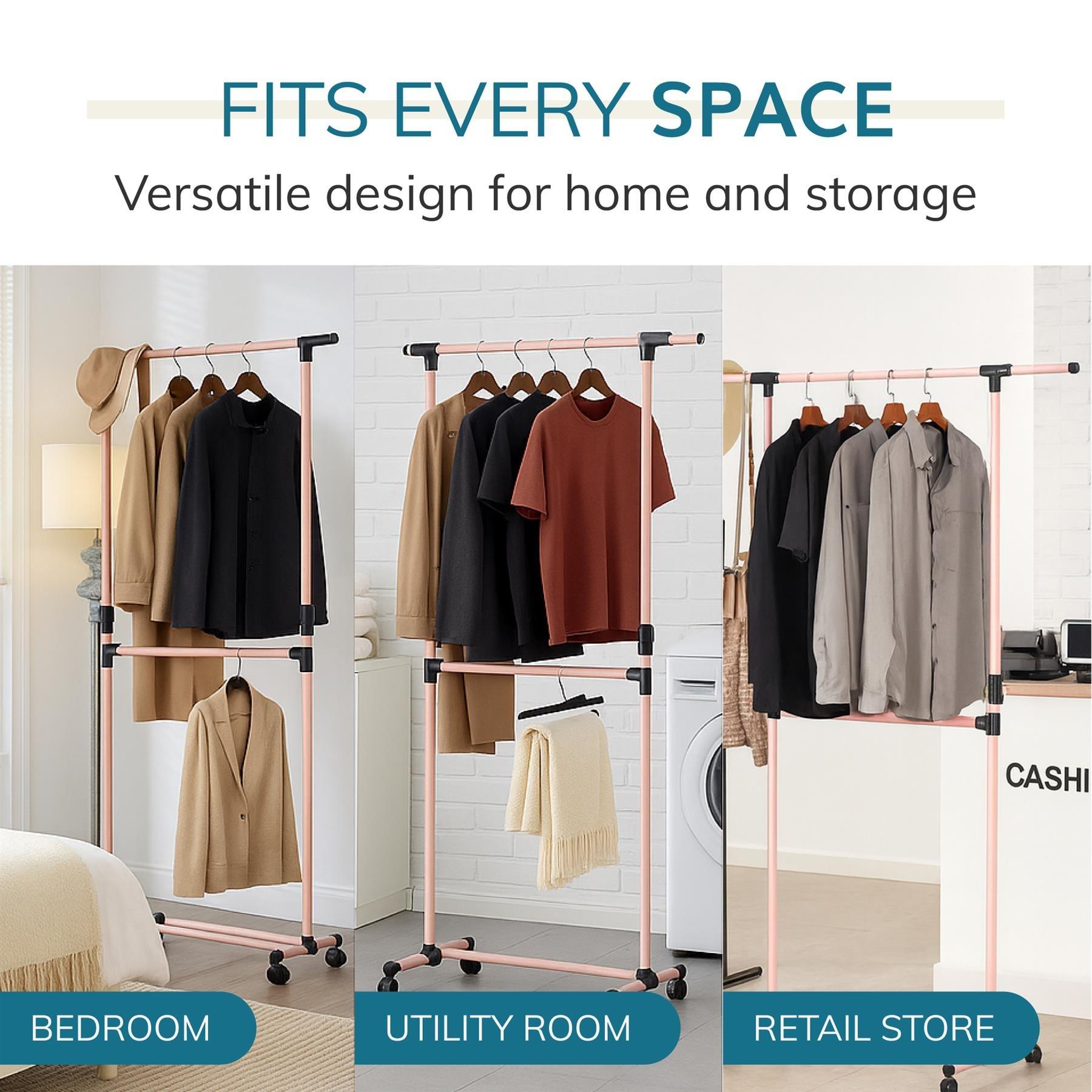 Pink - House of Home - Double Clothes Rail Extended Top Rail Adjustable Height Pink - 5