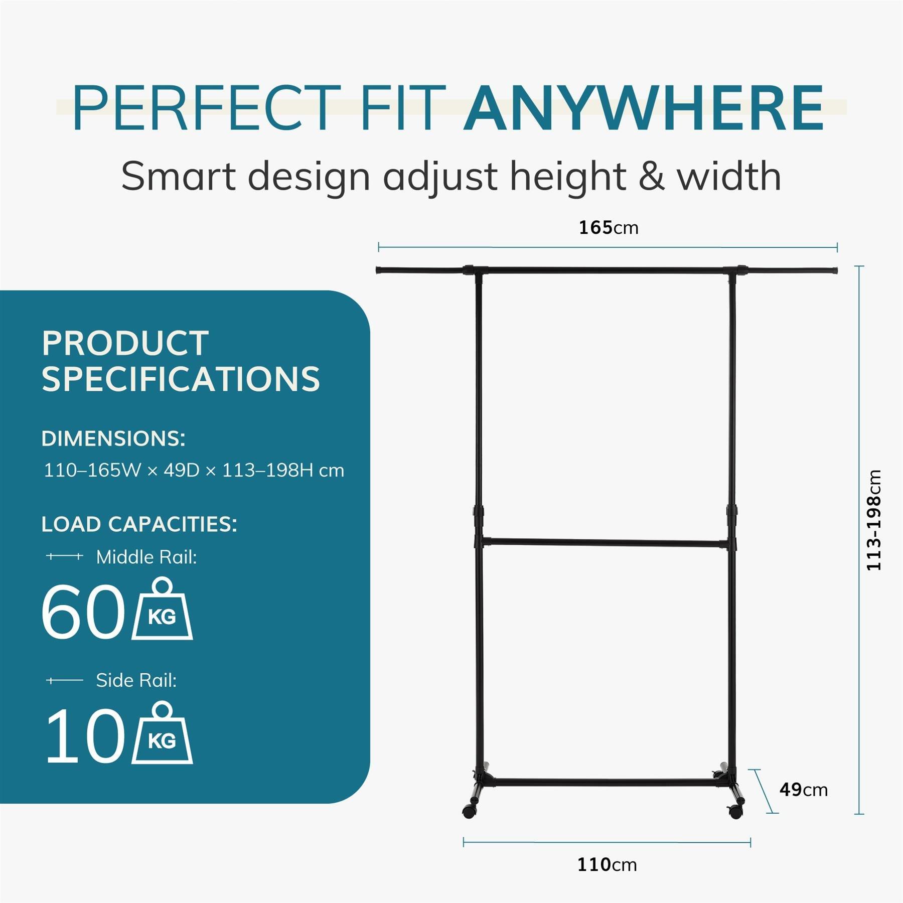 Black - House of Home - Double Clothes Rail Extended Top Rail Adjustable Height Black - 2