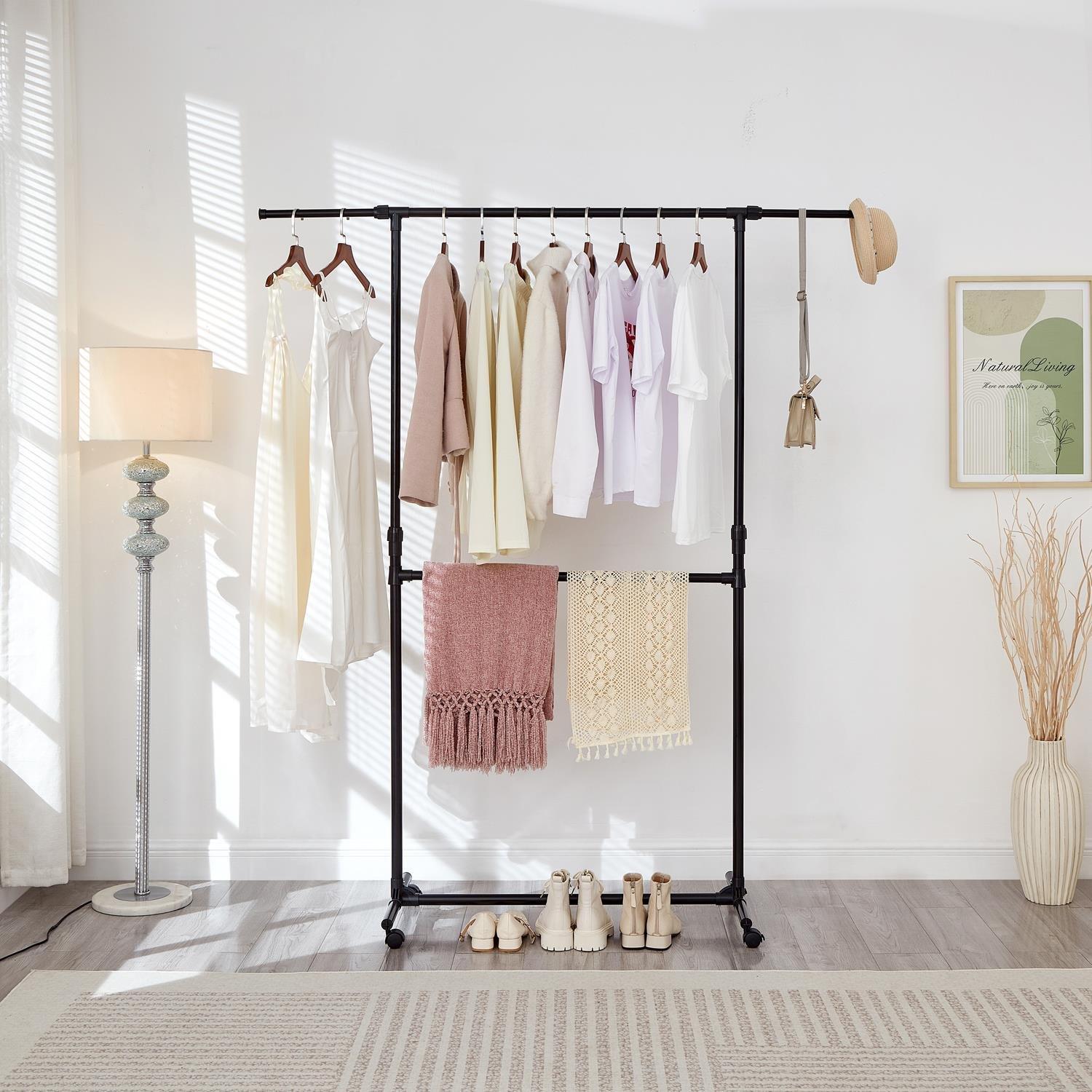 Black - House of Home - Double Clothes Rail Extended Top Rail Adjustable Height Black - 3