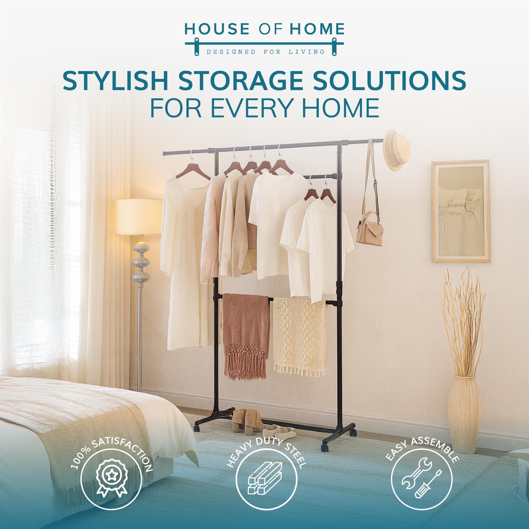 Black - House of Home - Double Clothes Rail Extended Top Rail Adjustable Height Black - 5