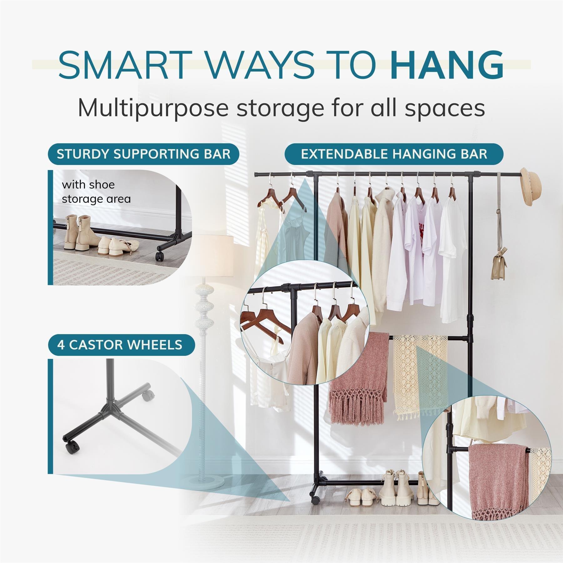 Black - House of Home - Double Clothes Rail Extended Top Rail Adjustable Height Black - 6