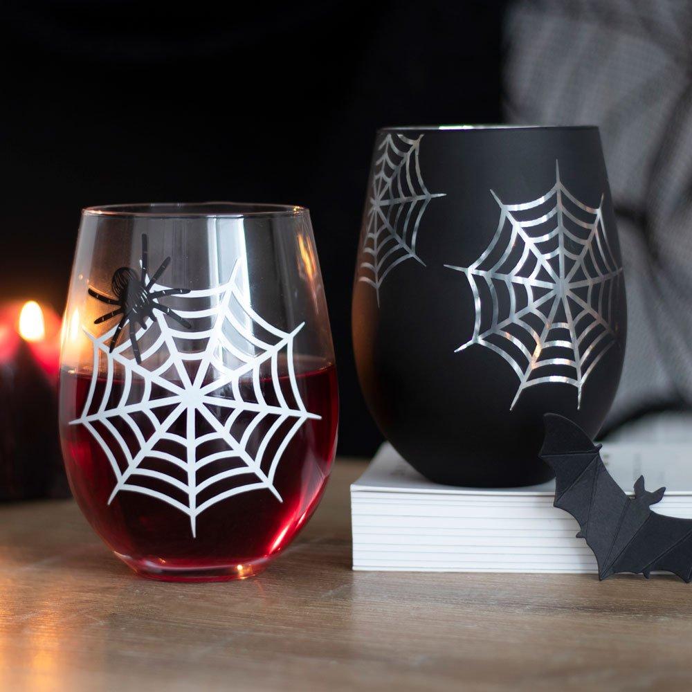 Something Different  Set Of 2 Spider And Web Stemless Wine Glasses - Black