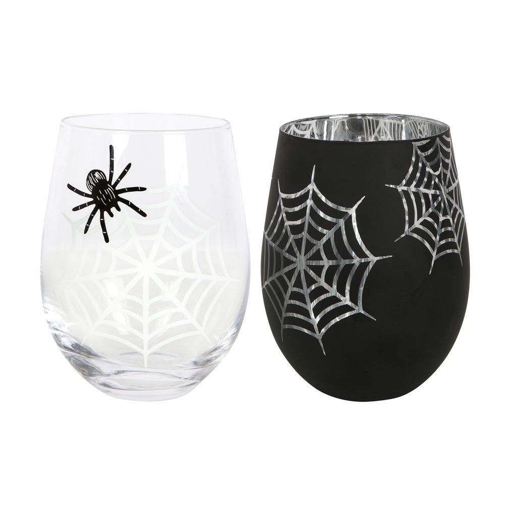 Black - Something Different - Set of 2 Spider and Web Stemless Wine Glasses - 2