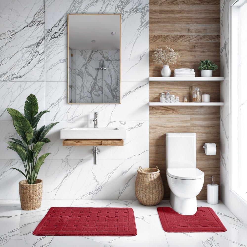 Bordeaux Red - Emma Barclay - 2 Piece Bath Mat Set Soft Absorbent Orkney - 3