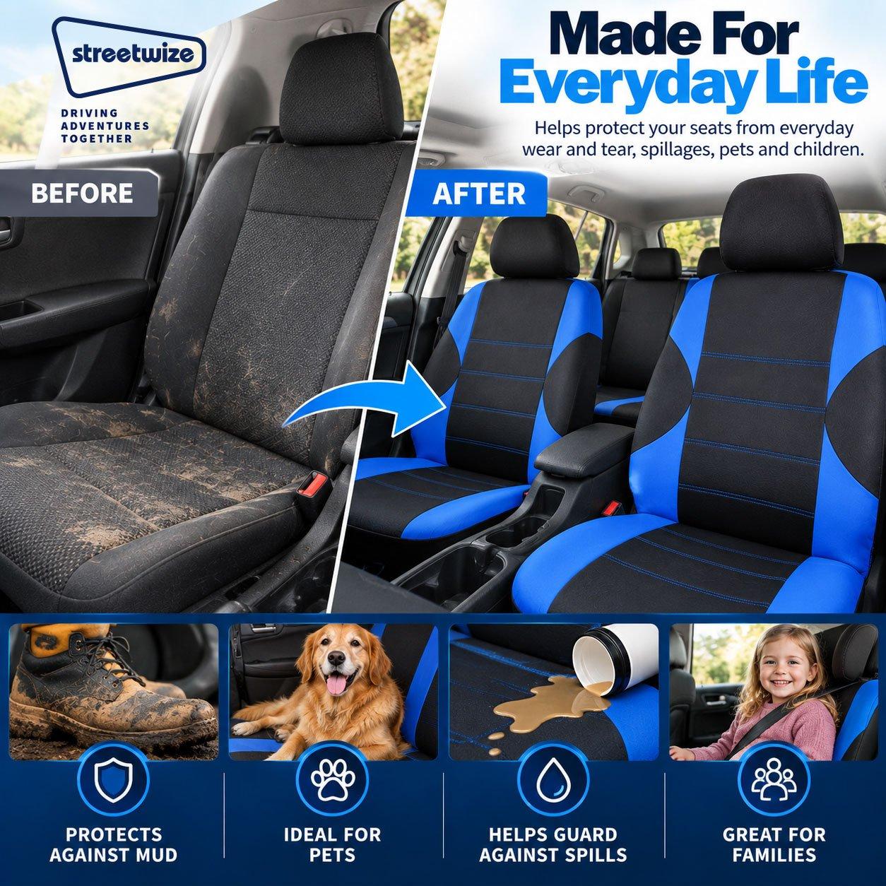 Black/Blue - Streetwize - Arkansas Seat Cover Set -Black/Blue - 4