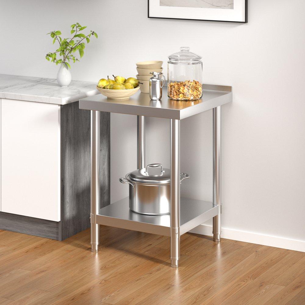 Silver - Kabinet UK - 60cm 2 Tier Stainless Steel Table with Backsplash - 1