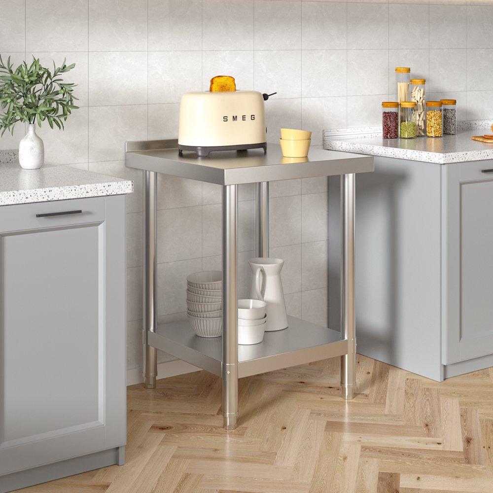 Silver - Breeins - 60cm 2 Tier Stainless Steel Table with Backsplash - 2