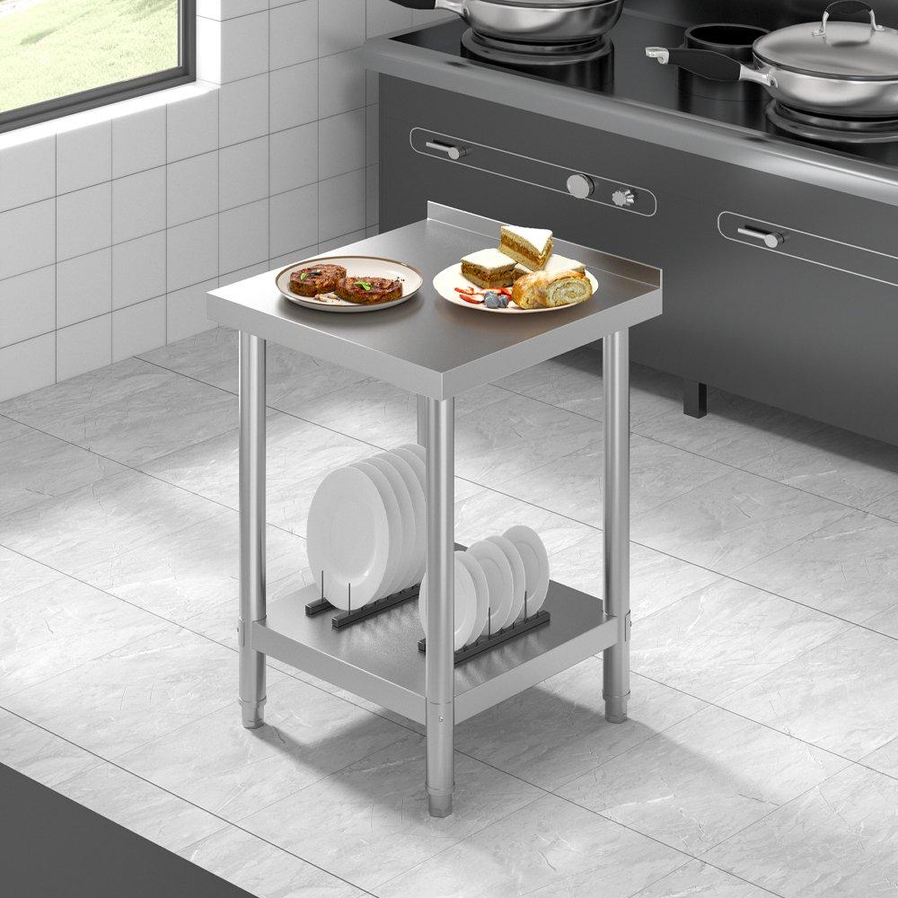 Silver - Breeins - 60cm 2 Tier Stainless Steel Table with Backsplash - 3