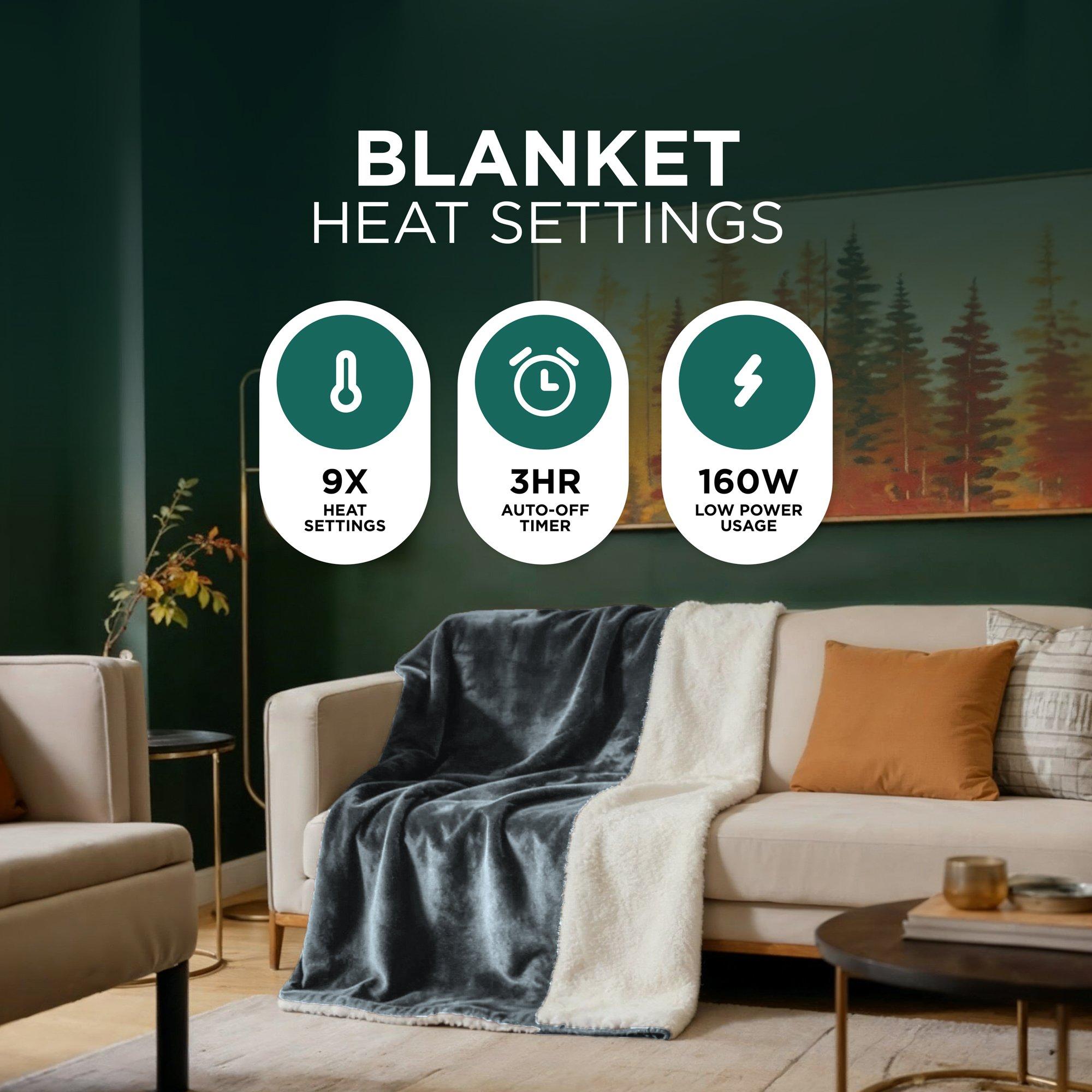 Grey - DMD Collective - Heated Electric Blanket - Sherpa Fleece Auto-Off - 3