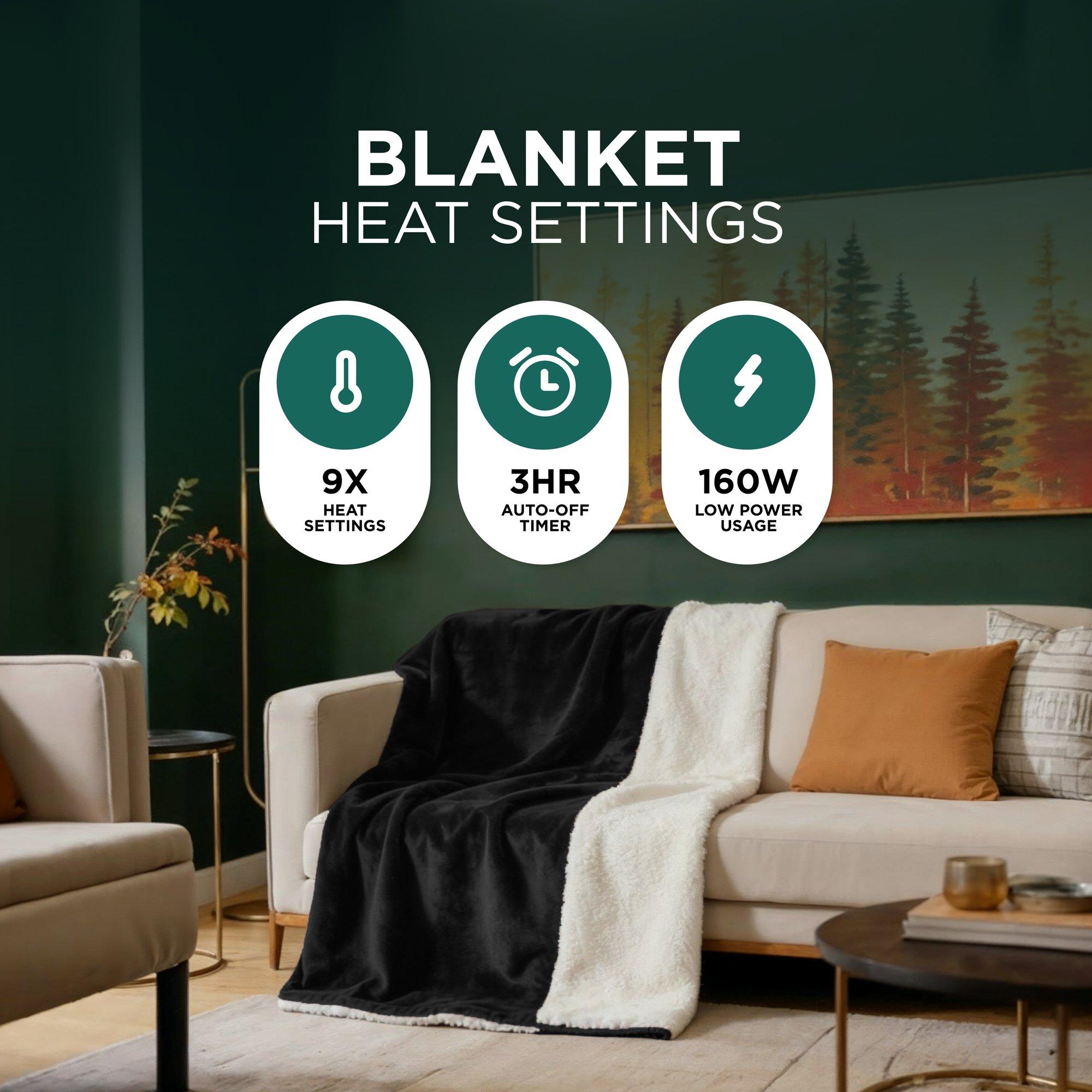 Black - DMD Collective - Heated Electric Blanket - Sherpa Fleece Auto-Off - 3