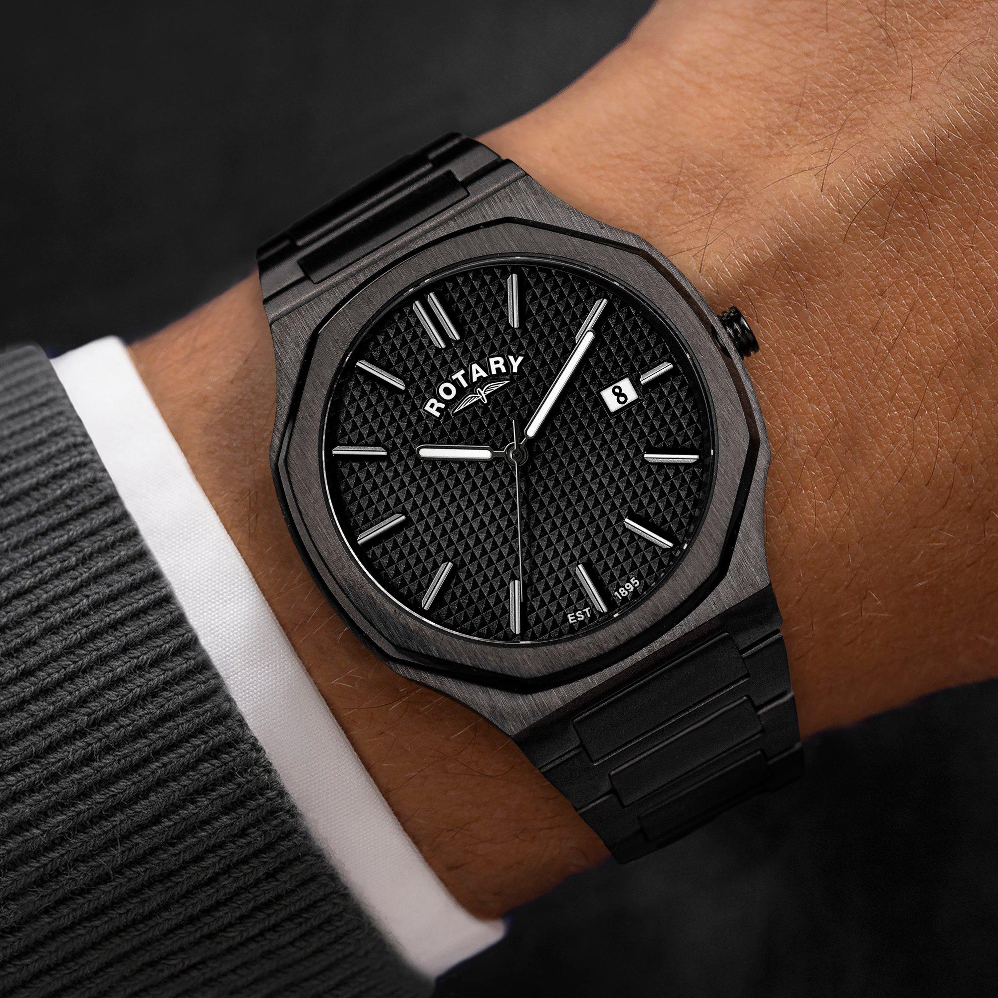 Black - Rotary - Rotary Mens Heritage Octagonal SS Bracelet Watch - 3