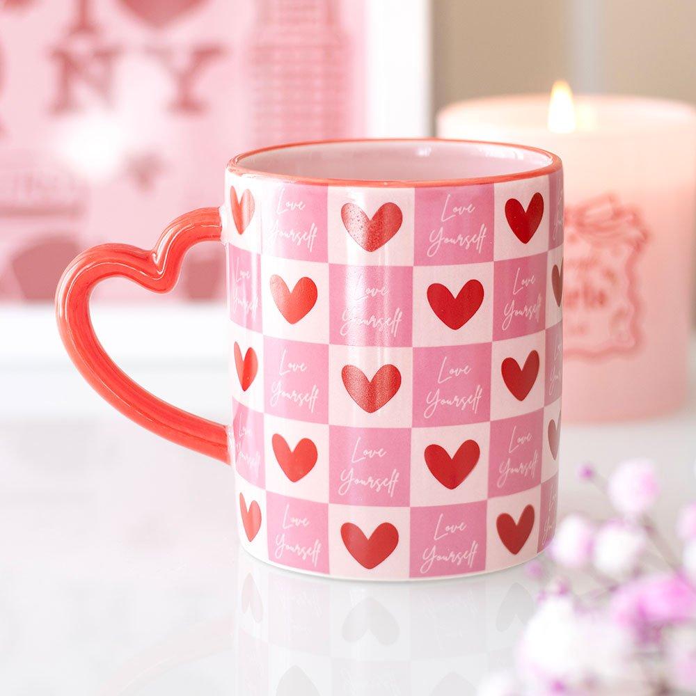 White - Something Different - Love Yourself Checkered Mug with Heart Handle - 1