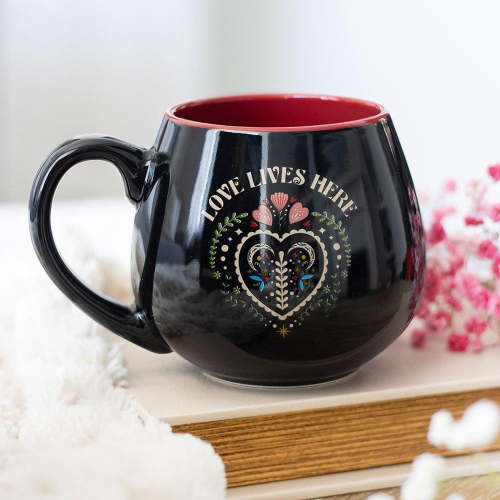 Something Different Love Lives Here Folk Heart Rounded Mug
