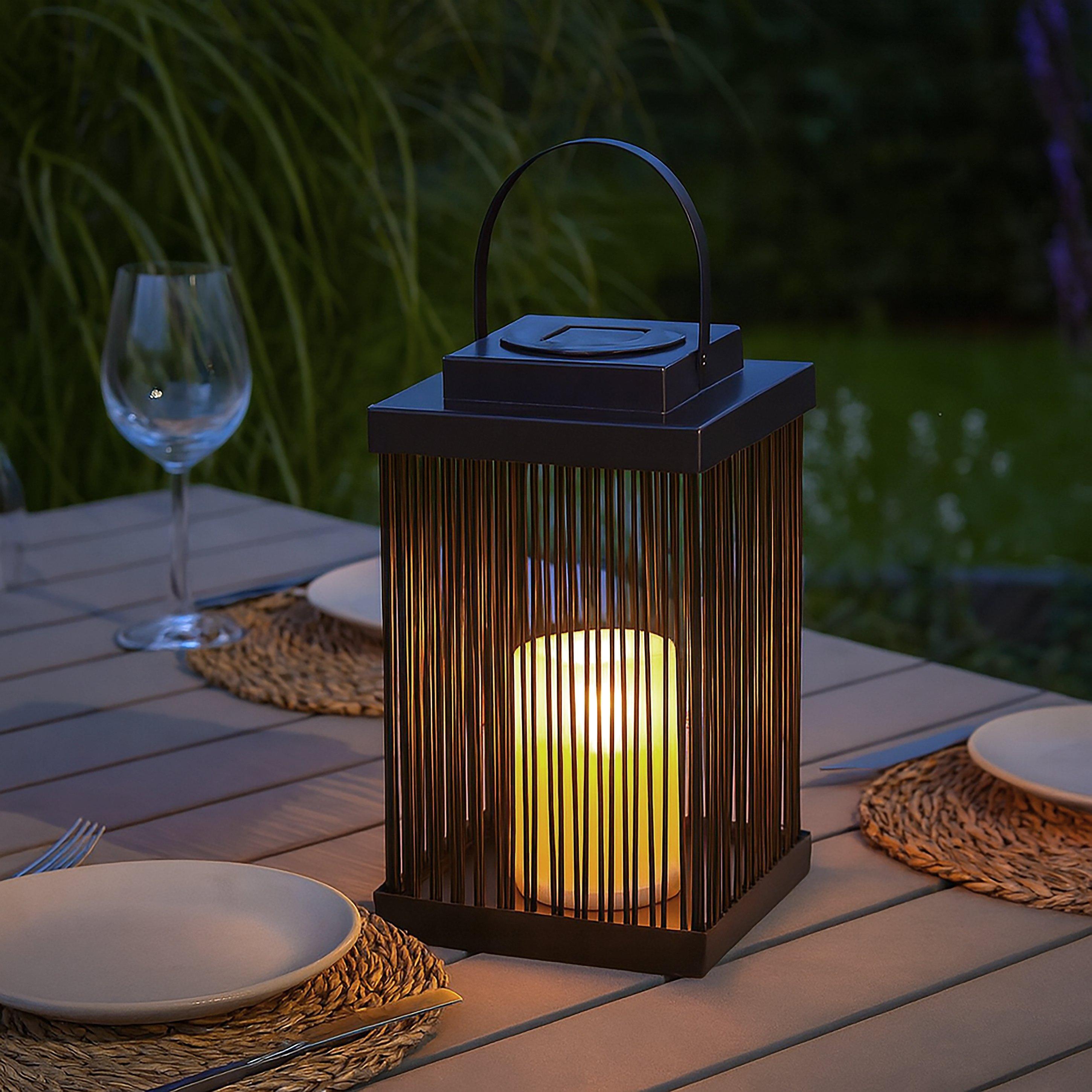 Lighting Collection  Medium Solar Outdoor Rattan Frame Lantern - Black White And