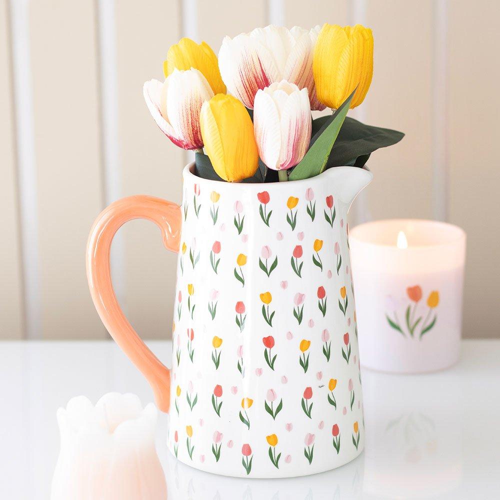 White - Something Different - Tulip Print Ceramic Flower Jug - 1