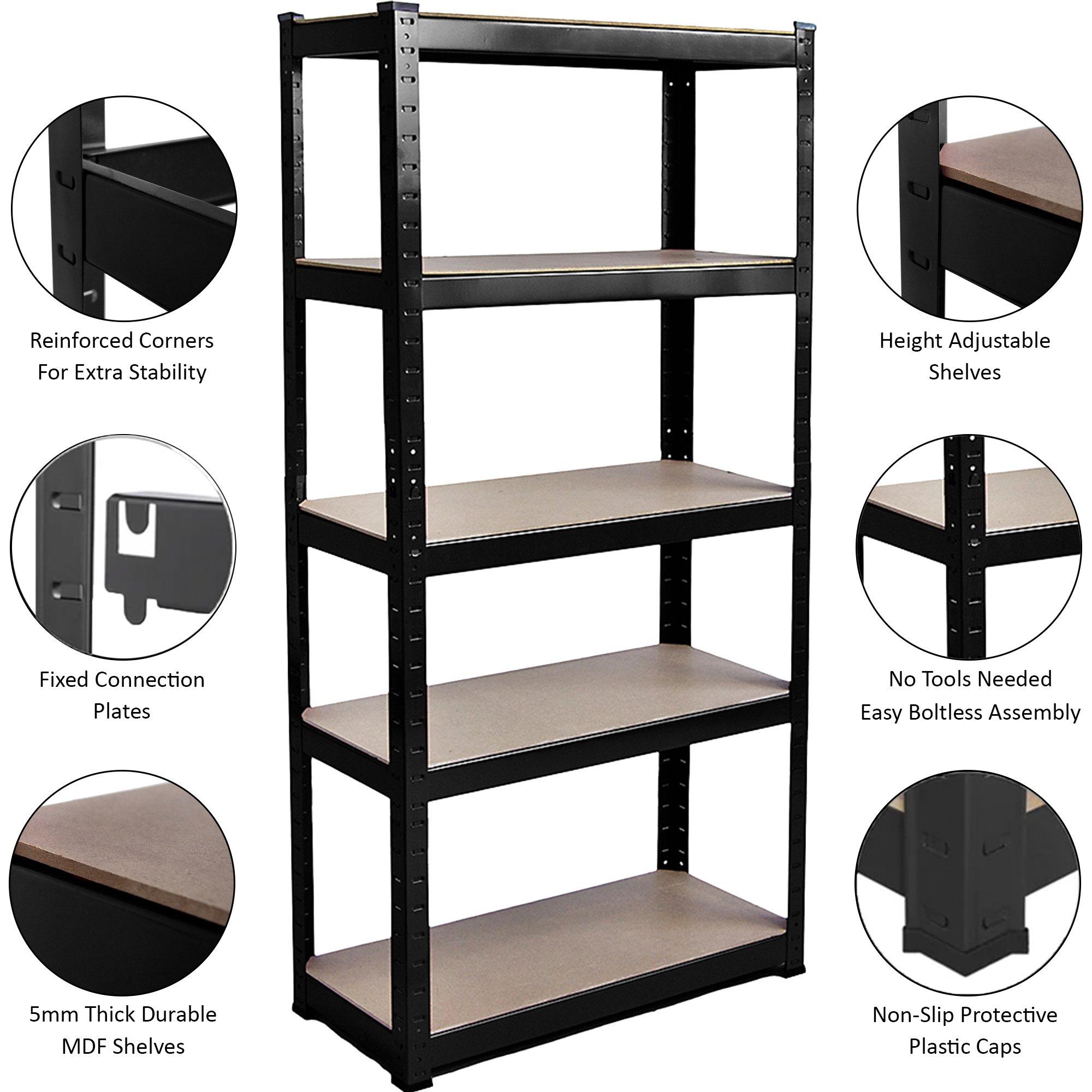Black - Lassic - 5 Tier Heavy Duty Large Garage Shelves - 2 Bay - 7