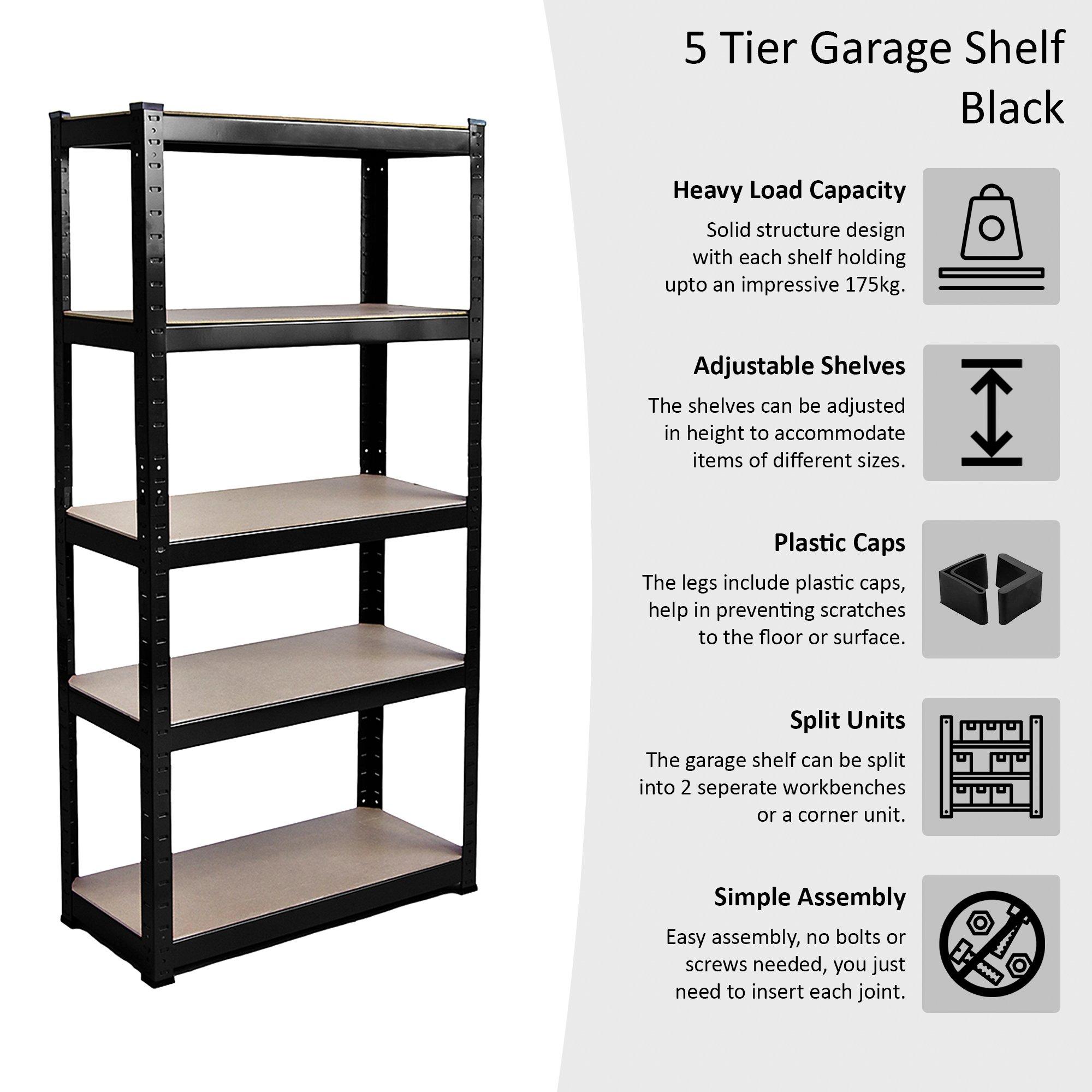 Black - Lassic - 5 Tier Heavy Duty Large Garage Shelves - 2 Bay - 8