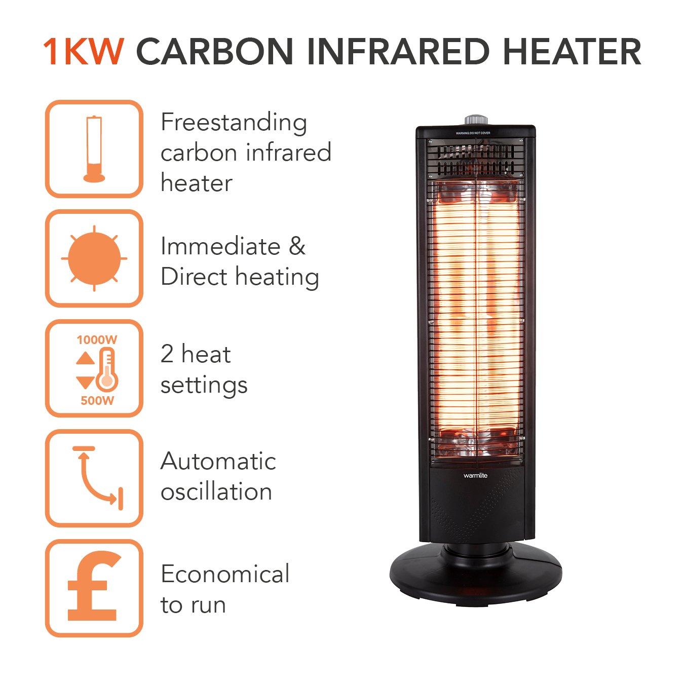 Black - Warmlite - 1KW Carbon Infrared Heater with Oscillation 2 Hea - 2