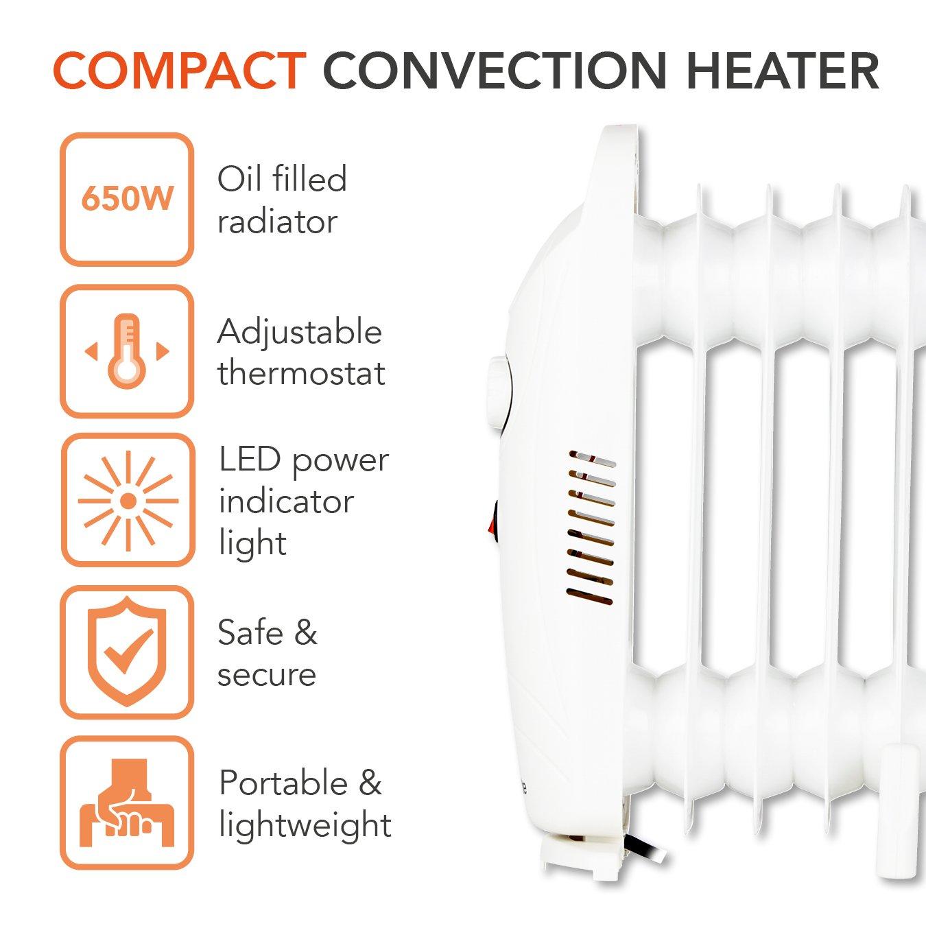 White - Warmlite - 650W 5 Fin Oil Filled Radiator with Adjustable The - 2