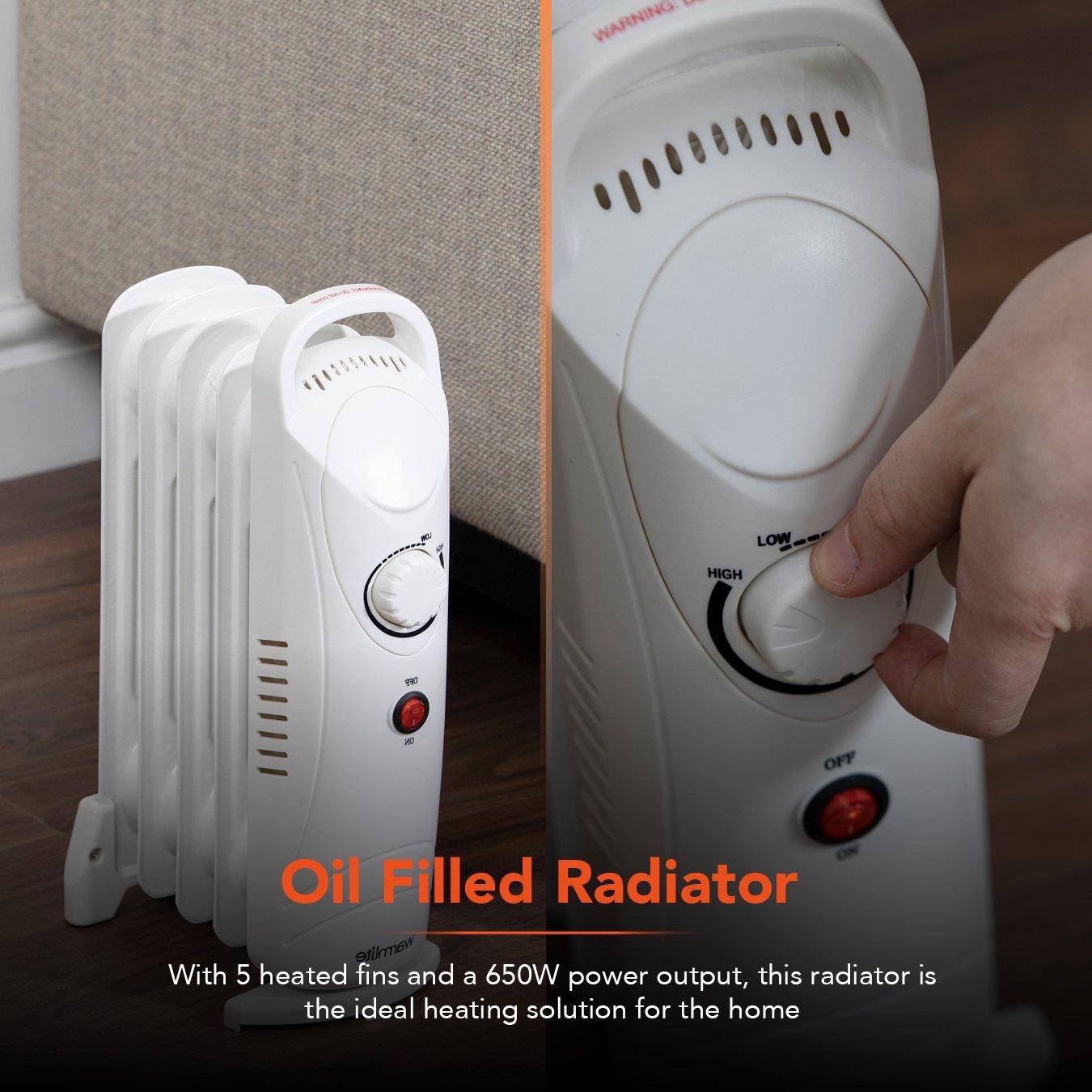 White - Warmlite - 650W 5 Fin Oil Filled Radiator with Adjustable The - 3