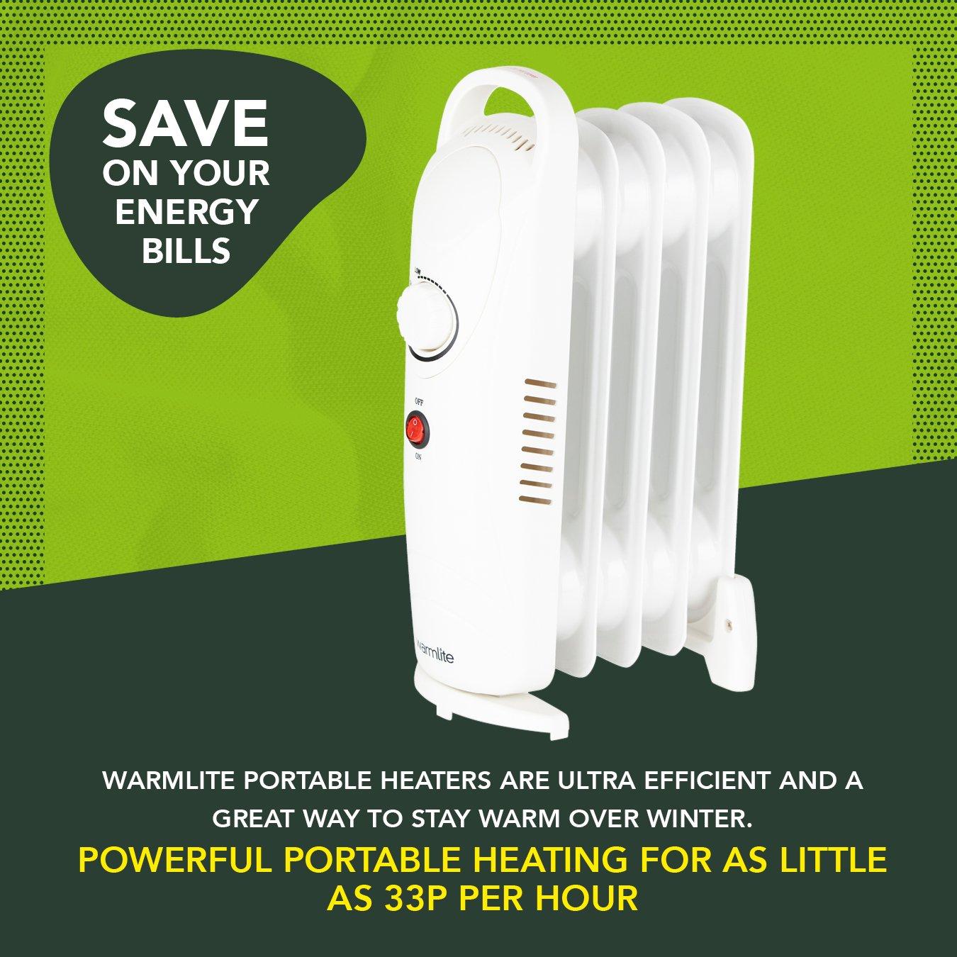 White - Warmlite - 650W 5 Fin Oil Filled Radiator with Adjustable The - 4