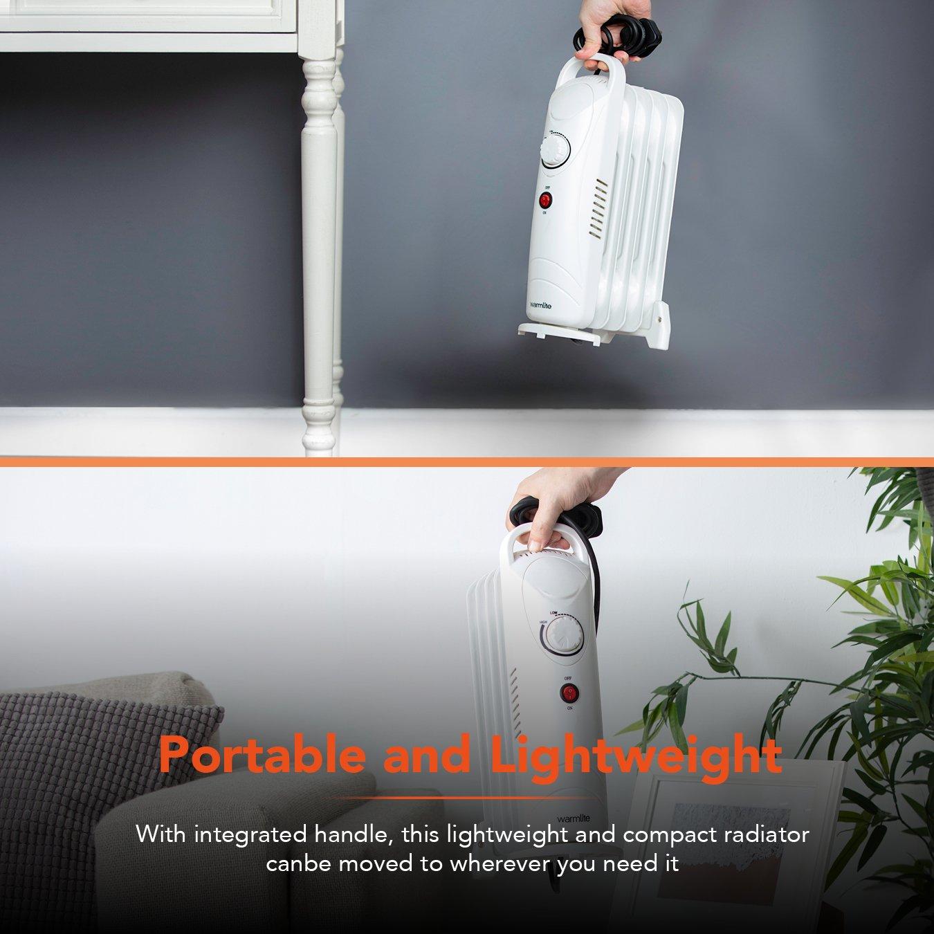 White - Warmlite - 650W 5 Fin Oil Filled Radiator with Adjustable The - 8