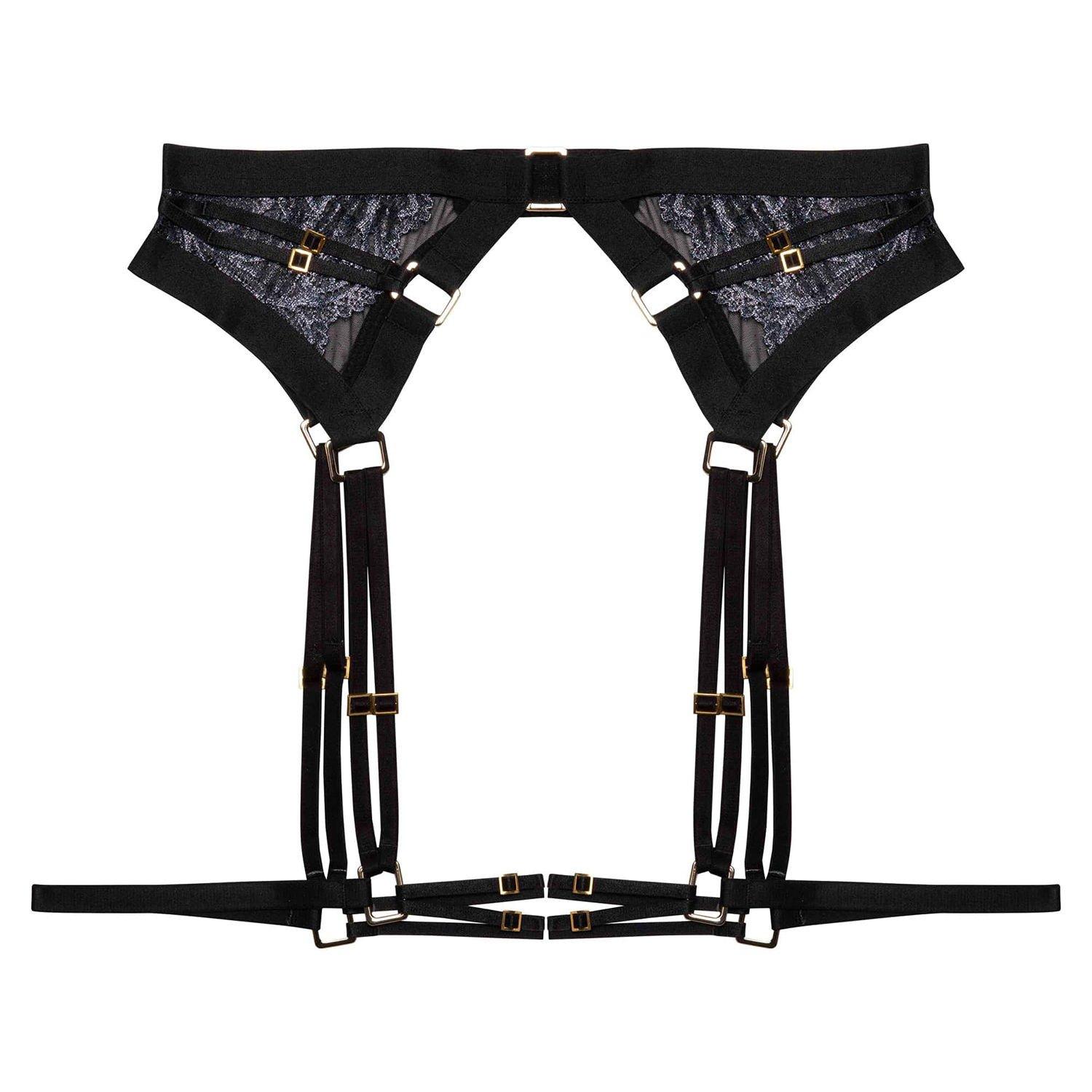 Black - Playful Promises - Tabitha Black Wet-Look Lace Harness Suspender - 4