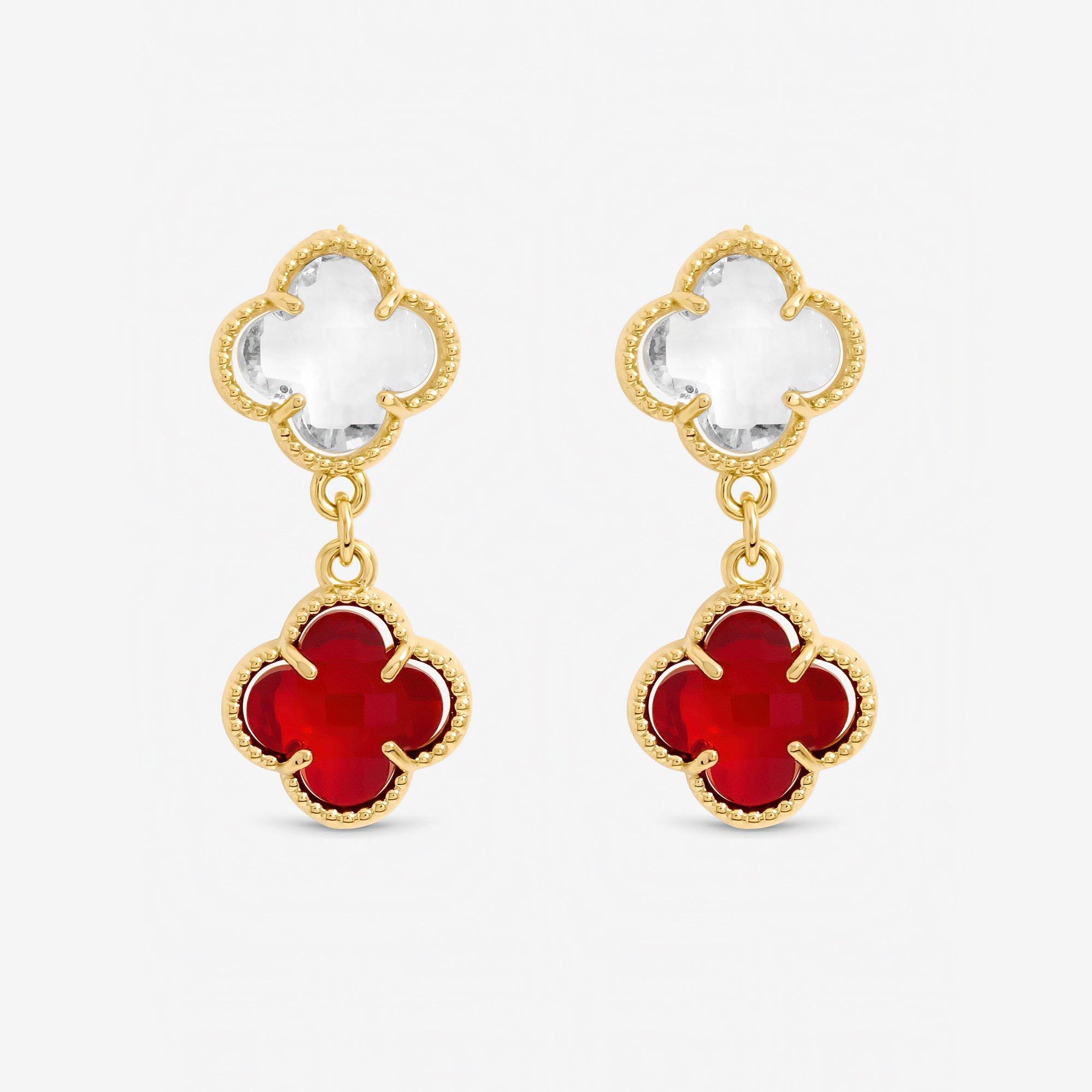 Jon Richard Gold Plated Ruby and Crystal Clover Drop Earrings