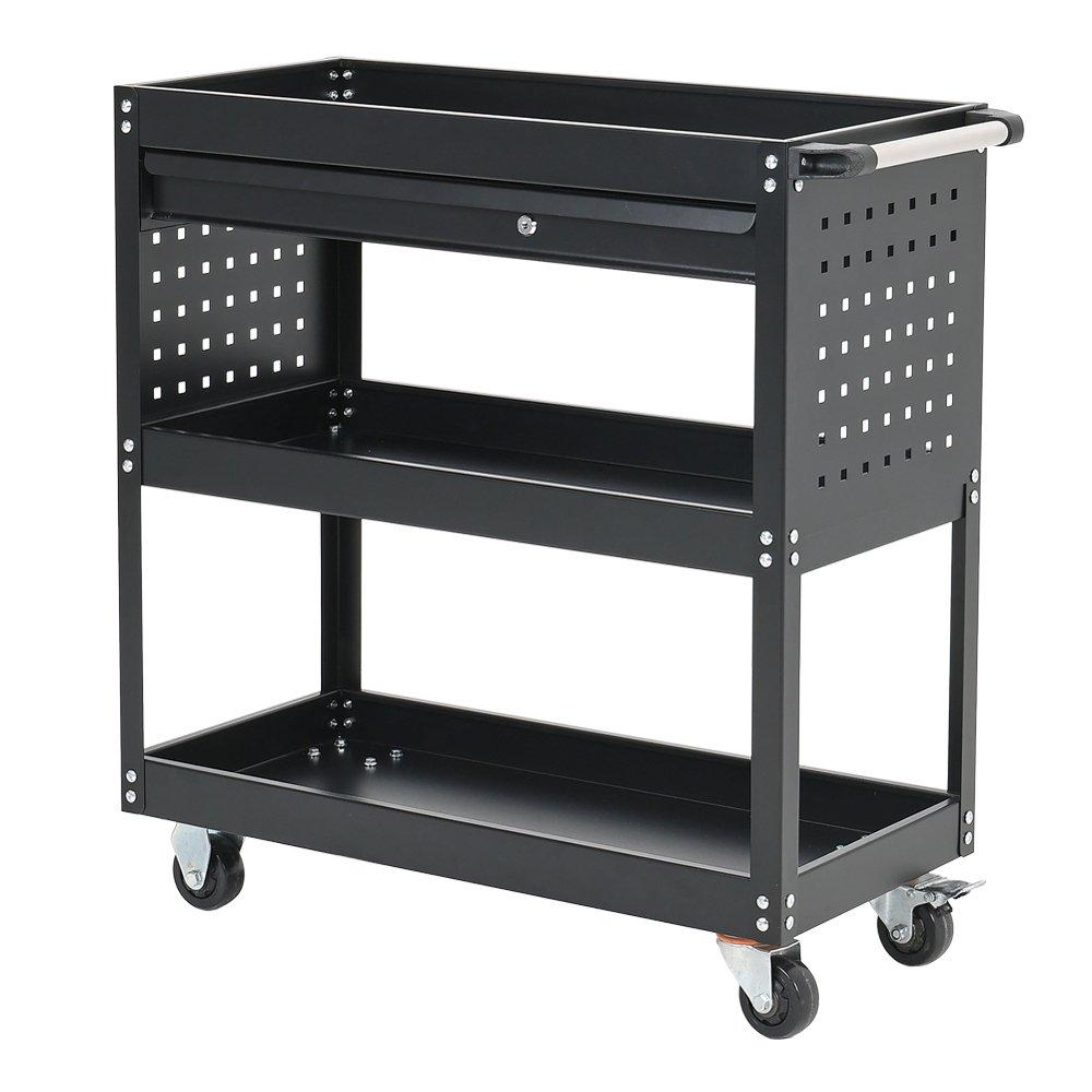 Black - Breeins - 3-Tier Rolling Tool Cart with Lockable Drawer - 1