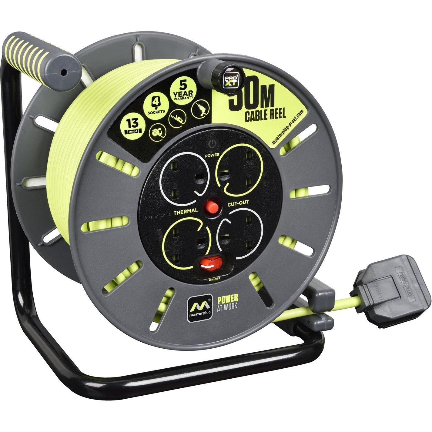 Green And Black - Masterplug - Masterplug Pro-XT 4 Socket 50m 13A Open Cable Reel - 1